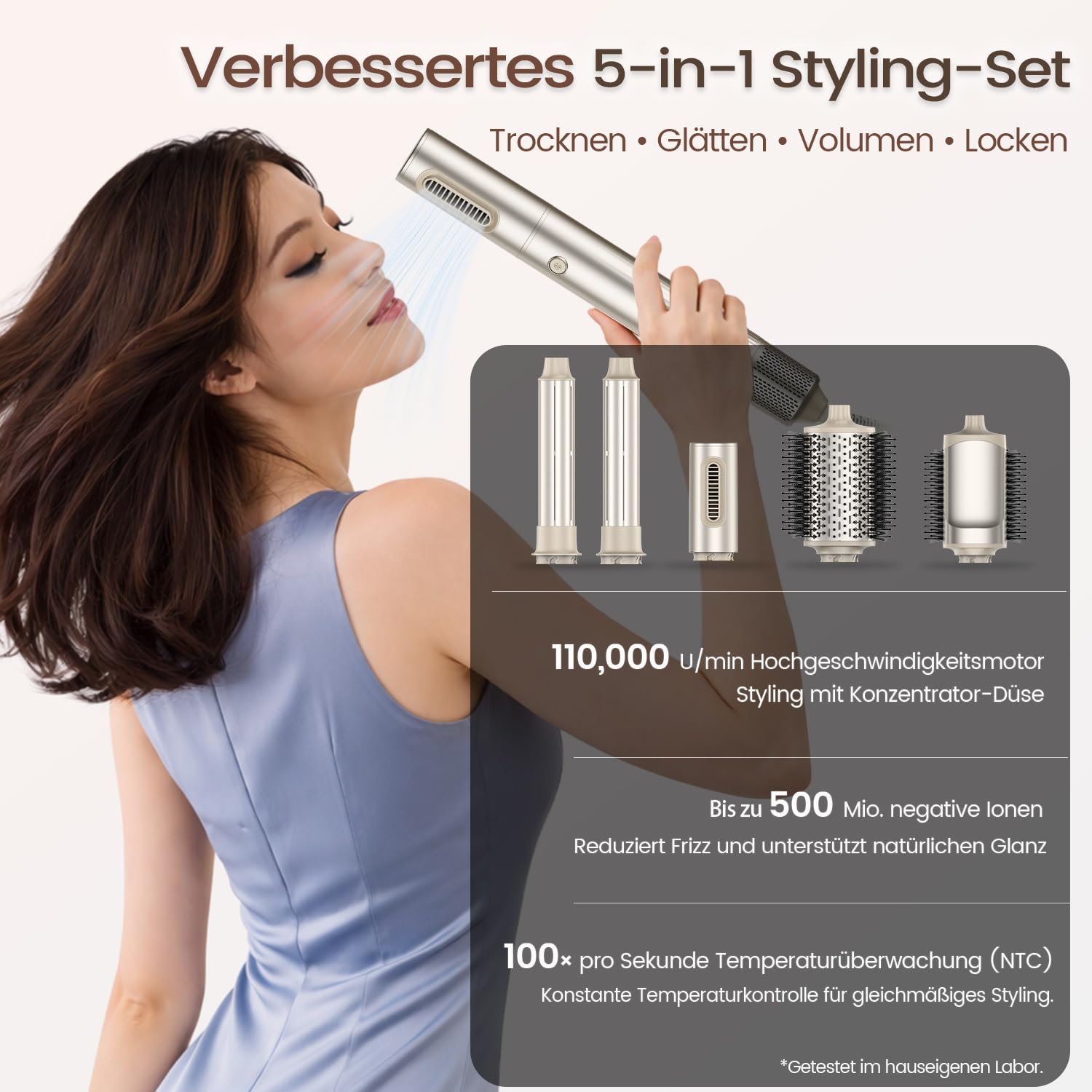 5-in-1 Warmluftstyler & Haartrockner Styling Set– 110.000 U/min Hochgeschwindigkeits-Föhn mit 32mm Auto-Wrap Lockenaufsätzen, Air Styler Warmluftbürste für Locken, Volumen & Glätten