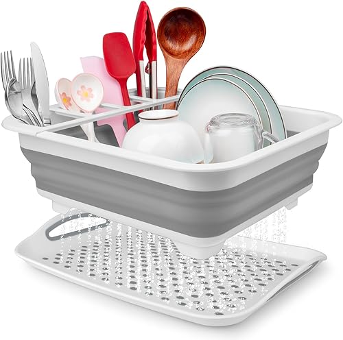 Escurridor de platos plegable portátil para encimera de cocina con escurridor, cesta organizadora de fregadero de cocina, accesorios de caravana,