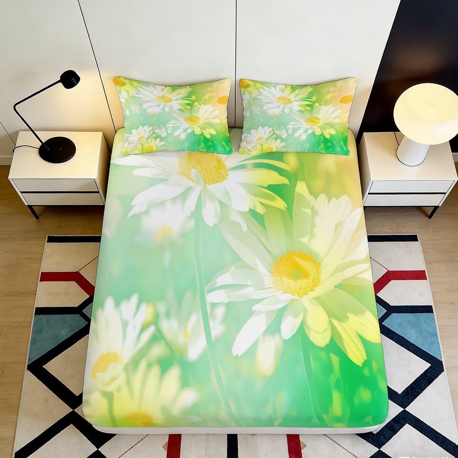 Jqzkxnhpbr Style-8 3D Printed Daisy Blossom Fitted Sheet Microfiber Green Yellow Floral Mattress Cover Bedroom Decor Washable 90X200x25cm