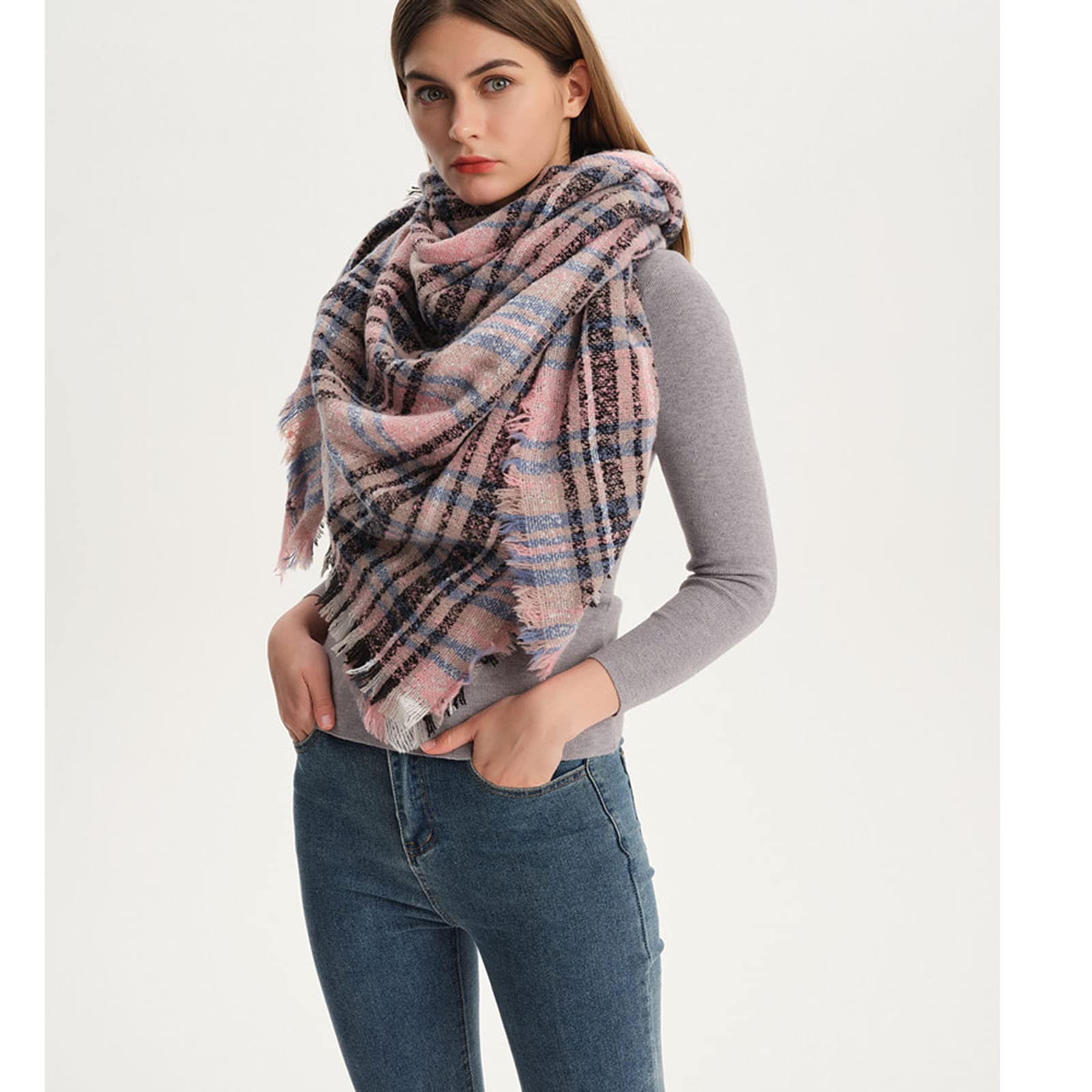 Sciarpa di Design da Donna Foulard Grande Leggero in Lana Caldo Scialle in Cashmere Sciarpa Invernale Elegante Stola in Morbida Pashmina a Quadri(H-One Size)