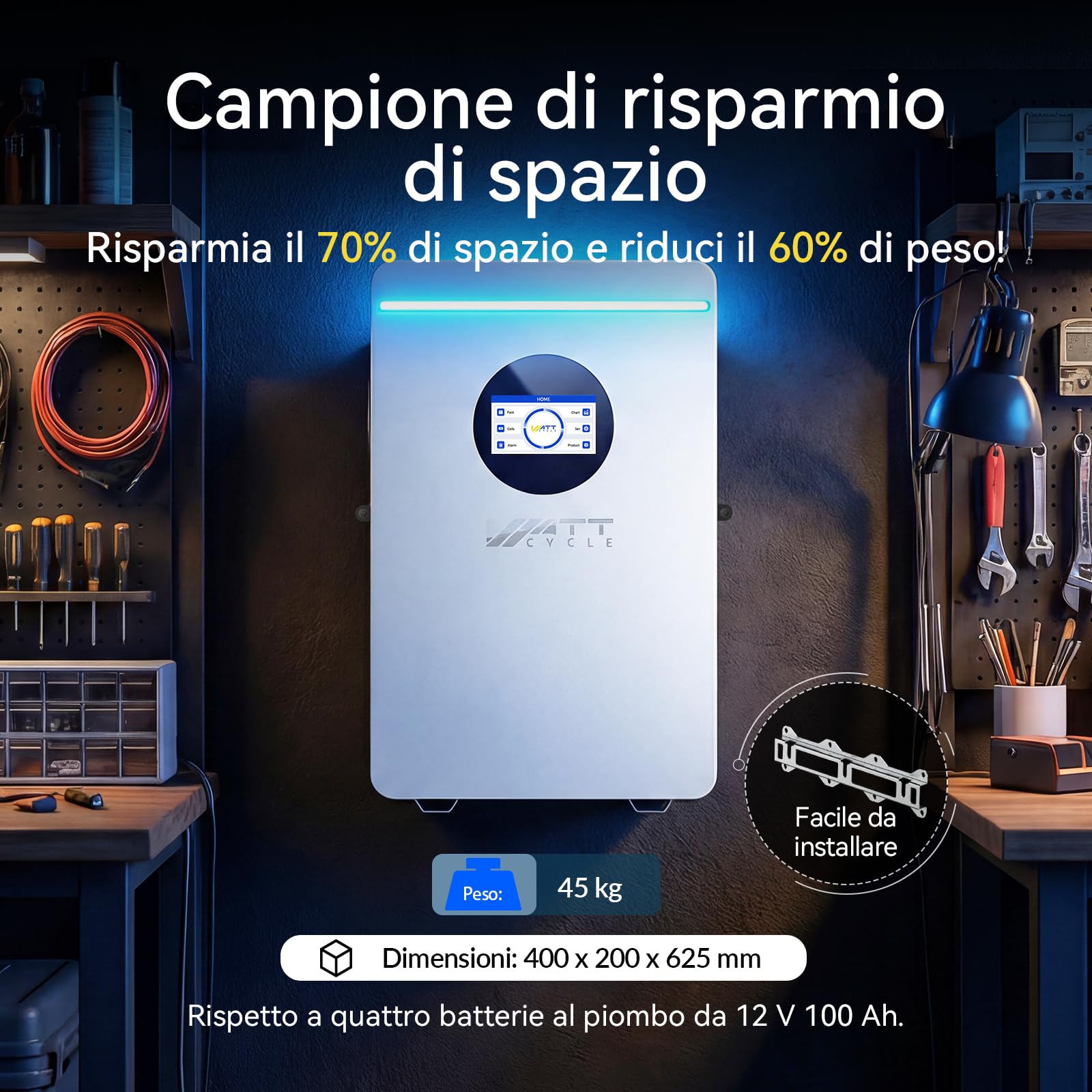 WattCycle Batteria LiFePO4 48V 100Ah 5,12kWh, Batteria al Litio per Accumulo Fotovoltaico Domestico con BMS Intelligente 100A, Celle Grade A EV, Bluetooth per Sistemi Off-Grid e Backup Energia