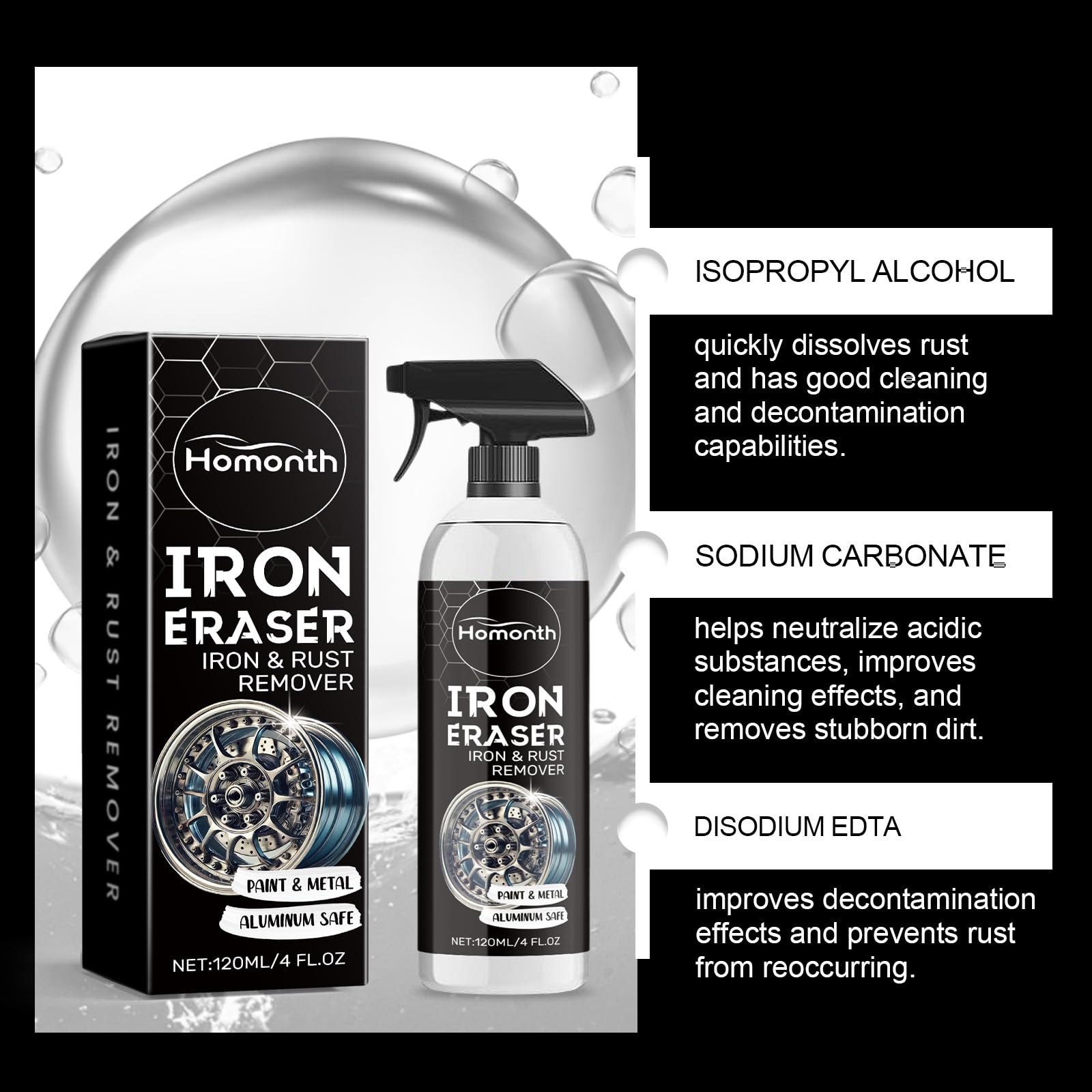 Generico Iron Eraser Spray Rimuovi Ruggine, Spray Rimuovi Polvere di Ferro per Cerchi Auto E Superfici Metalliche, Detergente per Polvere Freni E Cerchi, Spray per Pulizia Auto, 120 Ml (3pcs)
