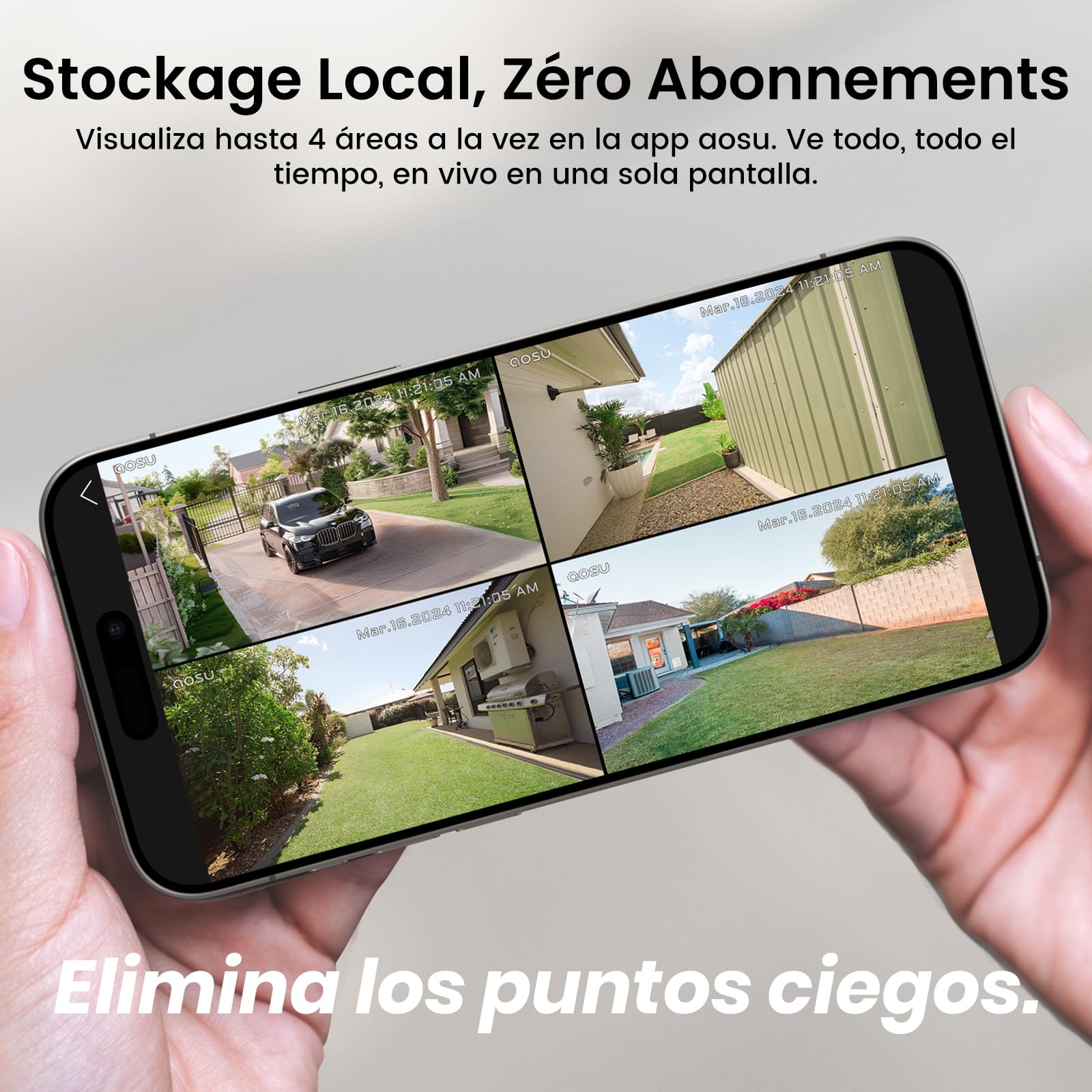 aosu C7P 2K UHD Kit Videovigilancia Exterior Solar con Batería, 4 Cámaras y Aosubase 32GB Local, No Requiere Suscripción, Detección PIR, Visión Nocturna en Color, Audio Bidireccional, Ángulo de 166°