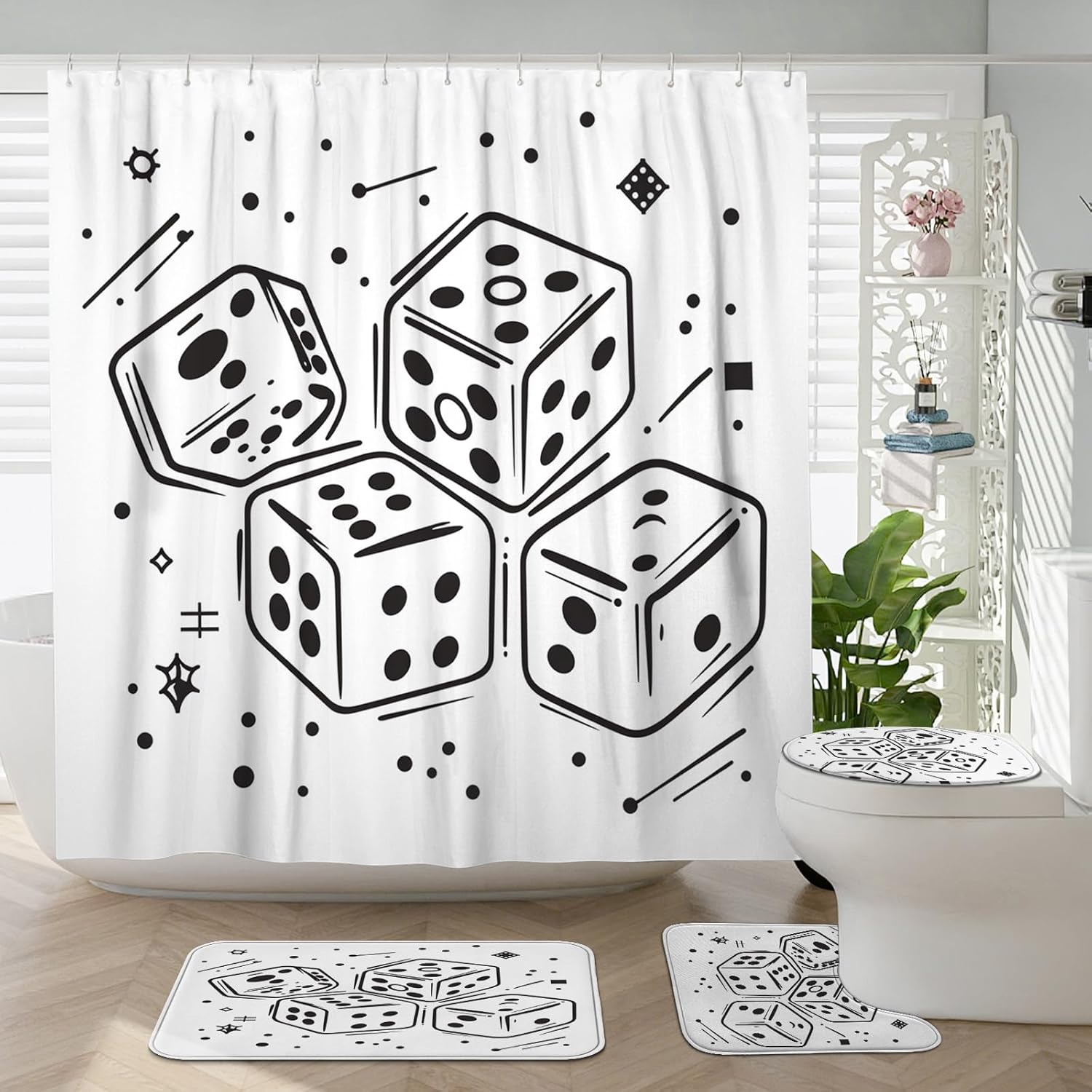 4PCS Cartoon Dices Theme Bathroom Accessory Sets with Non-Slip Rug, U Shape and Toilet Lid Cover Mat, Cute Hand Drawing Kid Bathroom Fabric Decor-72''x72''