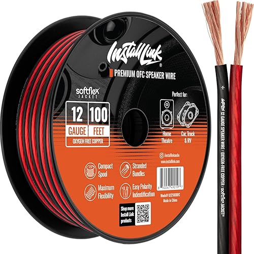 Cable de altavoz de cobre puro calibre 12 (OFC) por Install Link, 100 pies, para automóvil o cine en casa