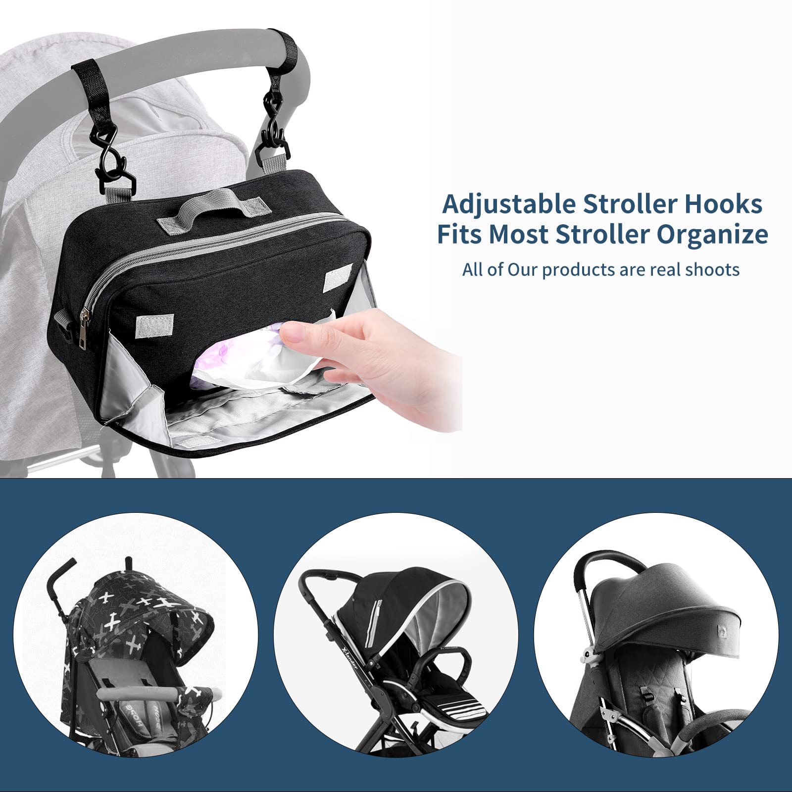 TRENDPLAY Kleine Wickeltasche, Mini-Kinderwagen-Organizer, Caddy mit Reinigungstaschen, Caddy Parent Console mit Kinderwagengurten, passend für alle Kinderwagen, schwarz