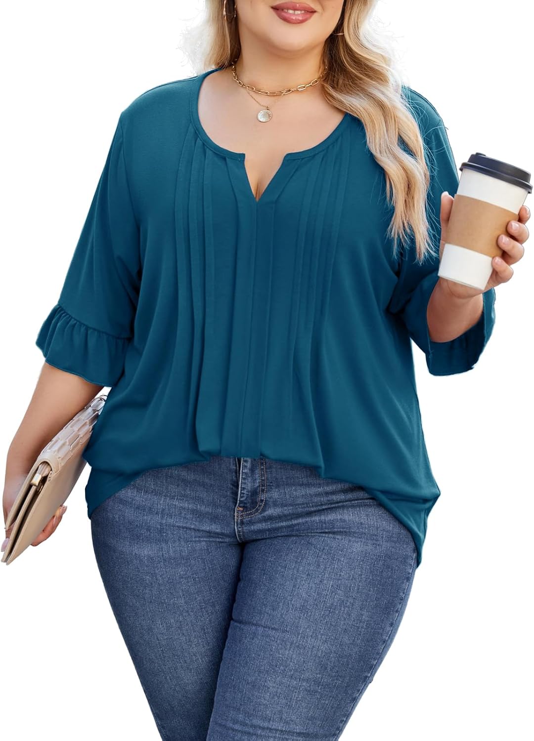 Beauhuty Women's Plus Size Shirts Dressy Casual Blouses 3/4 Bell Ruffle Sleeve Front Pleated Trendy Business Peplum Tops - Image 2