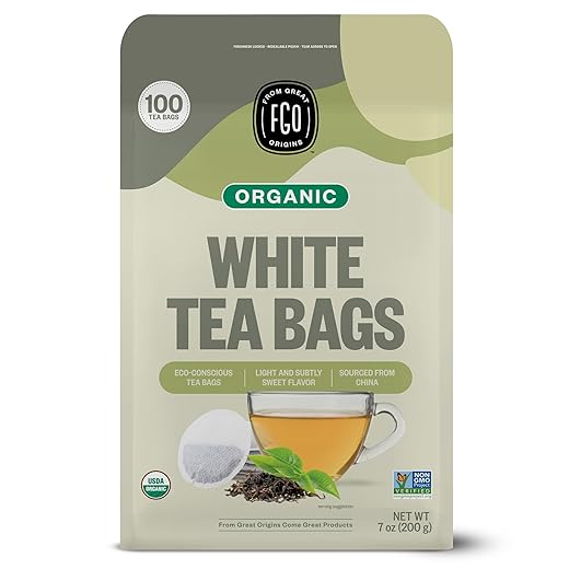 FGO Organic White Tea, 100 Count, Eco-Conscious Tea Bags, Resealable Bag, Packaging May Vary(Pack of 1)