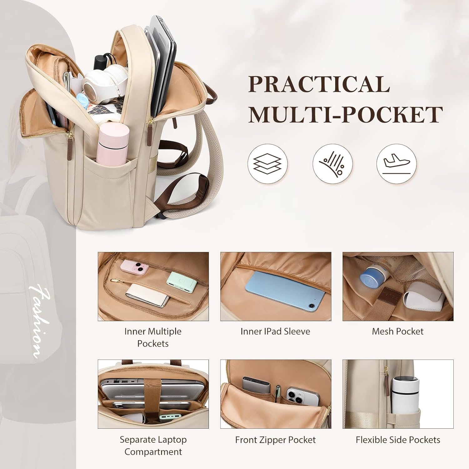 Travel Backpack for Women Personal Carry On Bag Business Weekender Hiking Multilayer Laptop Bag,16 Inch,Apricot - Image 2