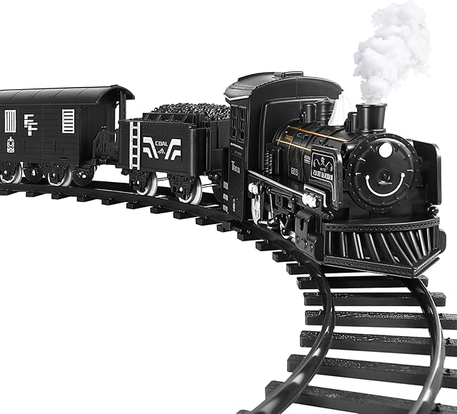 Toyvian Electric Train Set for Kids- Battery- powered Model Train with, Sounds& Lights Steam Locomotive Engine, Cargo Cars& Tracks- Christmas Train Sets for Under The Tree