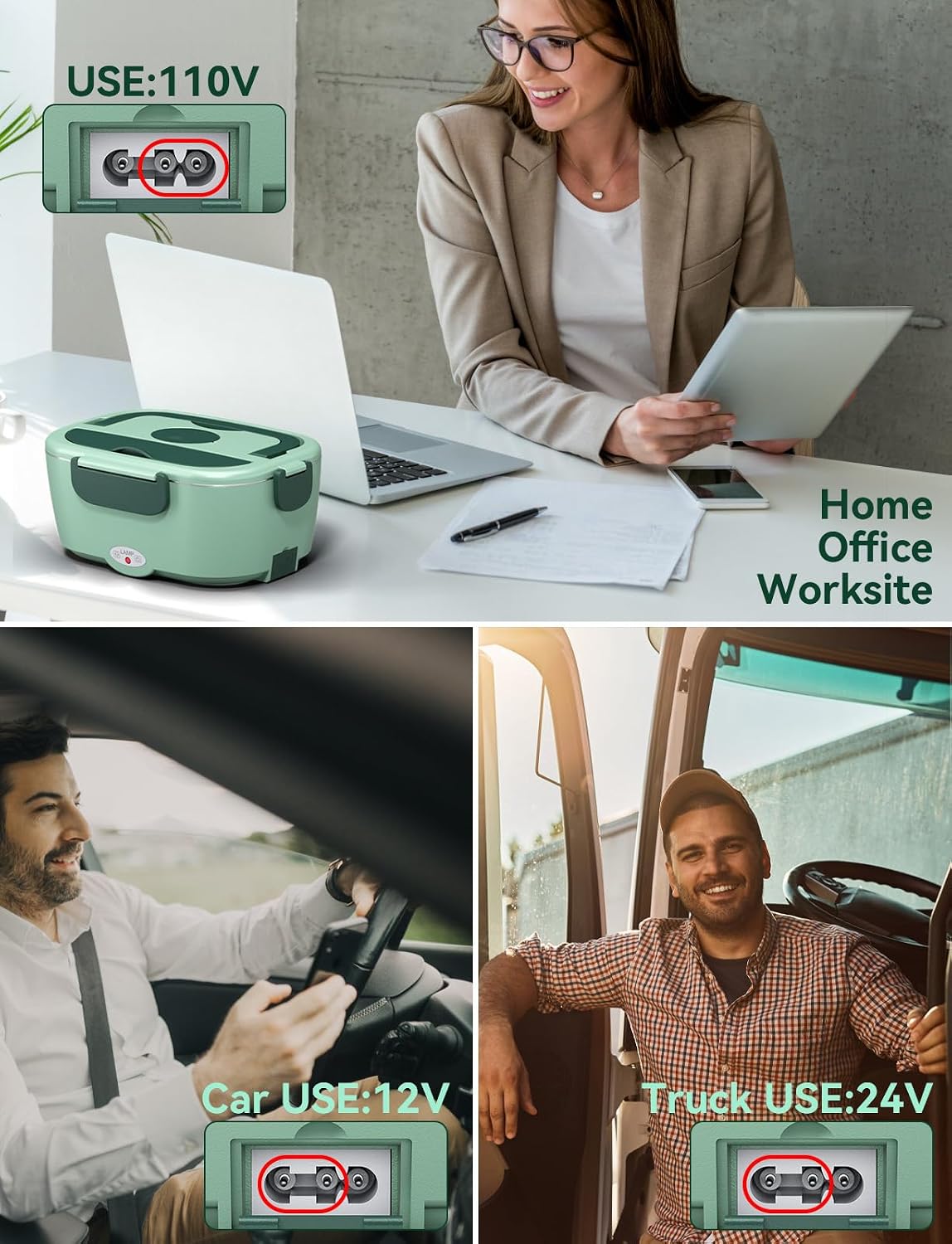 Sitlais Electric Lunch Box for Adults - Fast Heating Portable Food Warmer with 2 of 53oz 304 Stainless Steel Containers 12V/24V/110V Heated Lunch Box for Men&Women Work Office Truck Travel lonchera Light Green
