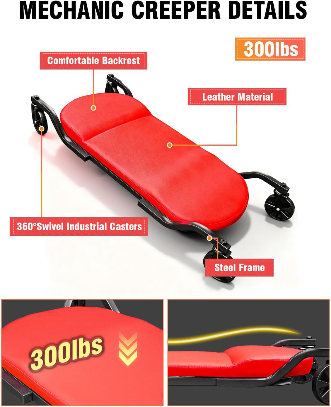 INCENDIOS 43.4 Inch Heavy Duty Mechanic Creeper with Padded Headrest & 360° Swivel Casters, Oversized Garage Creeper for Auto Repair Shop & Workshop, 330 lbs Load Capacity Automotive Rolling Creeper