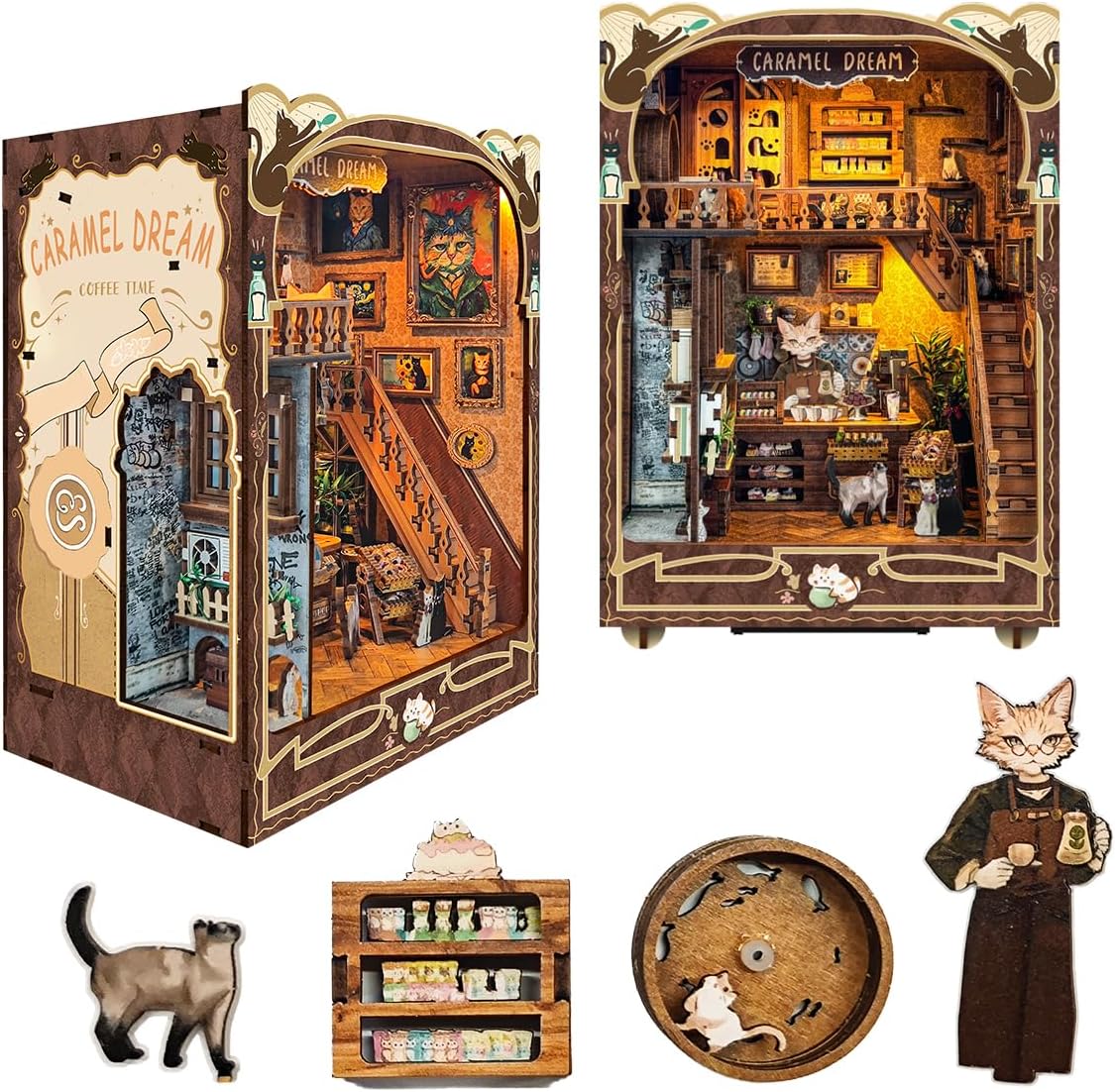 Book nooks DIY Dollhouse Kit for Adults 3D Stereo Assembly Night Light Sensing Wooden Bookend Jigsaw Building Model Gifts for Family,Friends (Caramel Dreams)