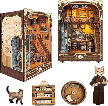 Book Nook Kit Miniature Dollhouse Kit 3D Puzzle Wooden bookshelf with LED Lights Bookends Toy for Teenagers Gift Model Kits Room Decoration SQ-03 Caramel dreams