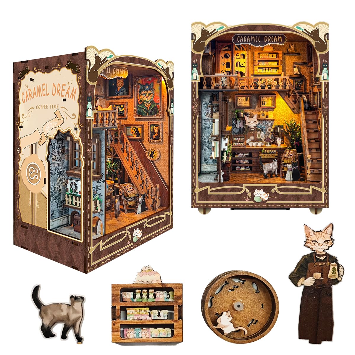 STRUCWOOD Book Nook Kit Miniature Dollhouse Kit 3D Puzzle Wooden bookshelf with LED Lights Bookends Toy for Teenagers Gift Model Kits Room Decoration SQ-03 (Caramel dreams)