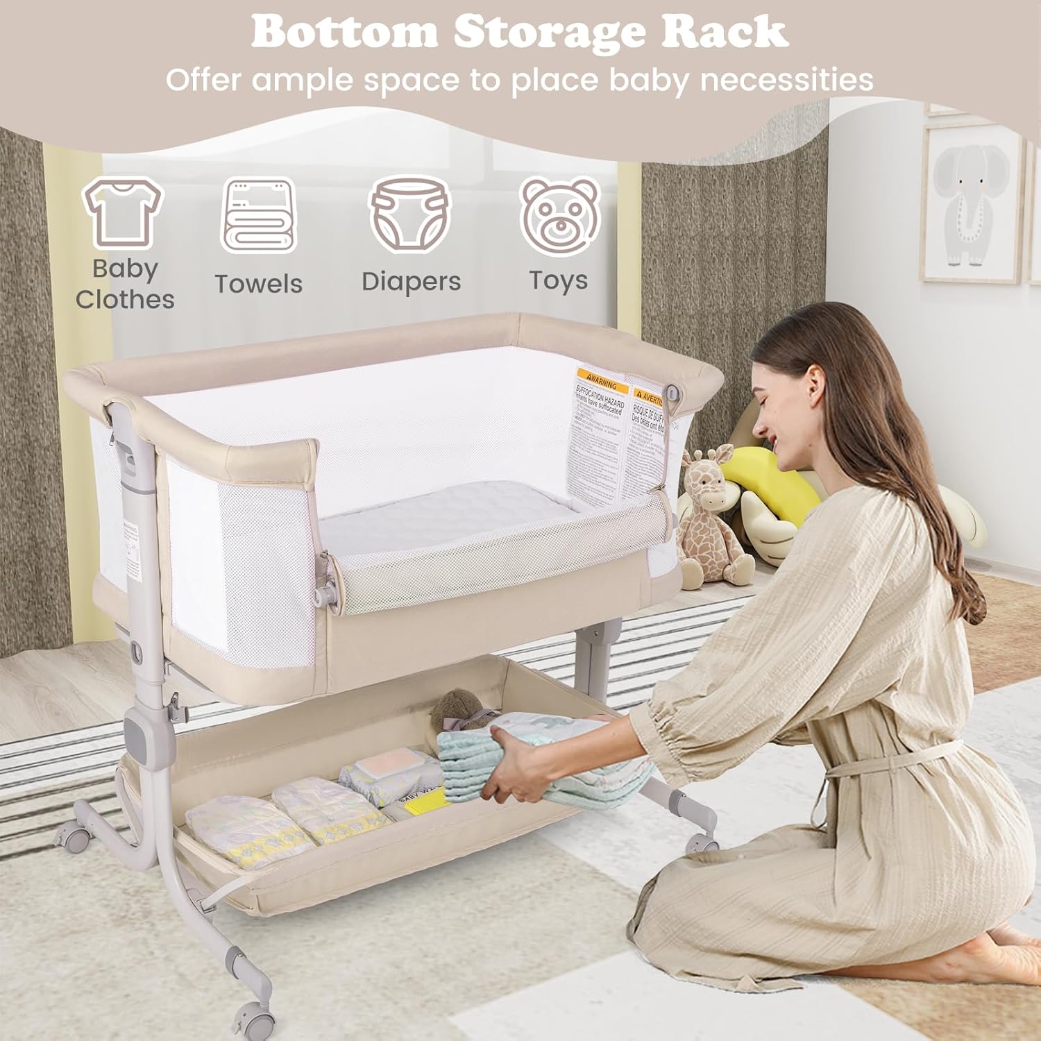 HONEY JOY Baby Bassinet Bedside Sleeper, Easy Folding Portable Crib for Baby with Wheels, 6 Adjustable Heights, Storage, Mattress & Carry Bag, Bed Side Bassinet for Infant Newborn (Beige)