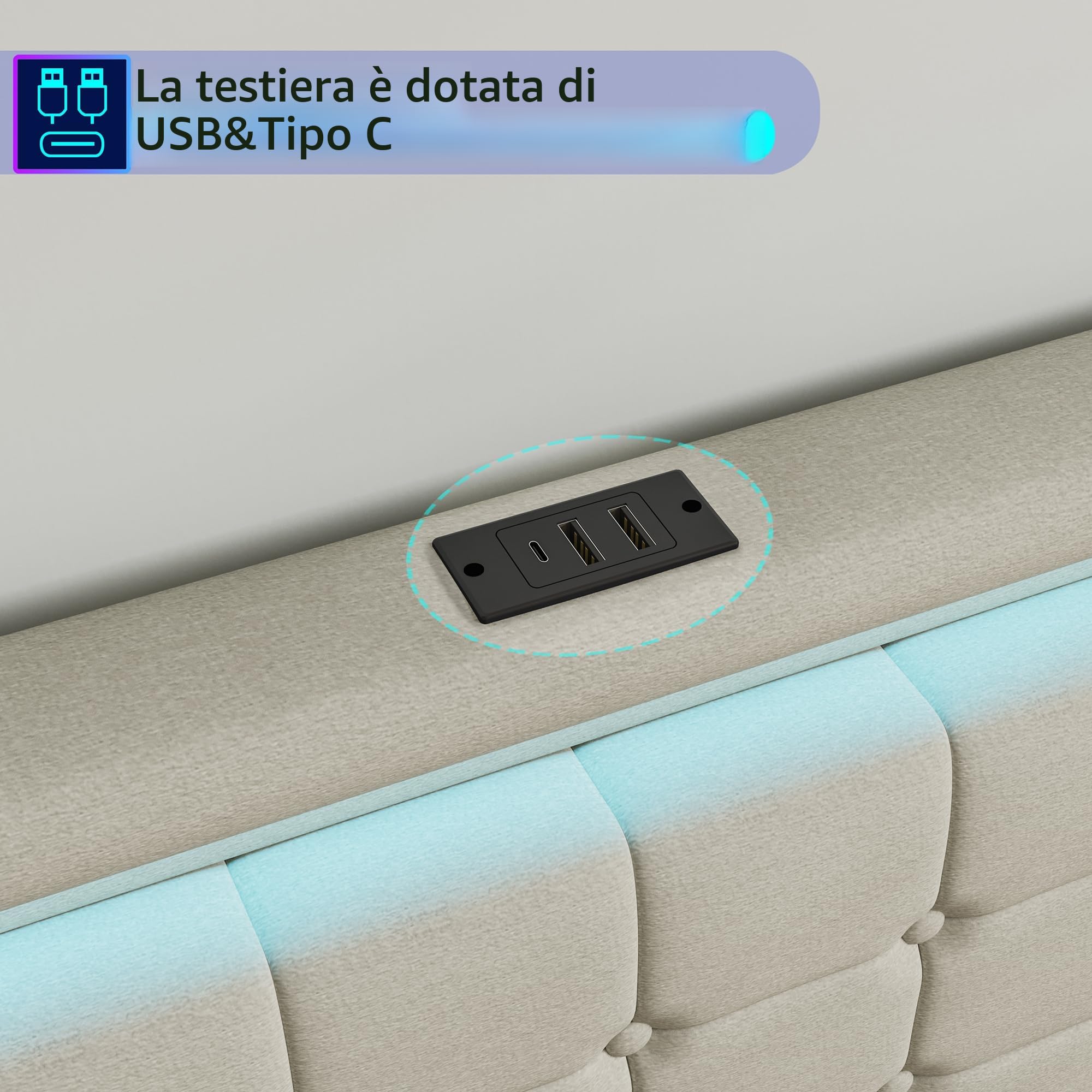 KeepGoon Letto matrimoniale 160 x 200 cm, letto imbottito con luci a LED, 4 cassetti in ferro e una porta di ricarica USB, telaio letto, tessuto di lino (beige)