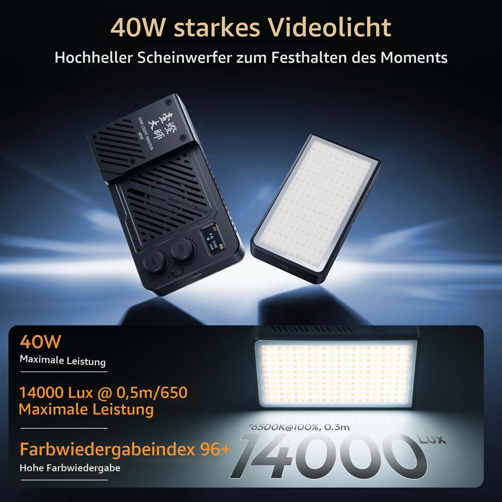 ULANZI P40 RGB LED Videolicht 40W Tragbar mit 5000mAh Akku, CRI96+ 2700K-6500K Kamera Licht, PD-Schnellladung, integrierte Lüfter, Magnetdiffusor & 1/4"-Gewinde für Foto- und Videobeleuchtung