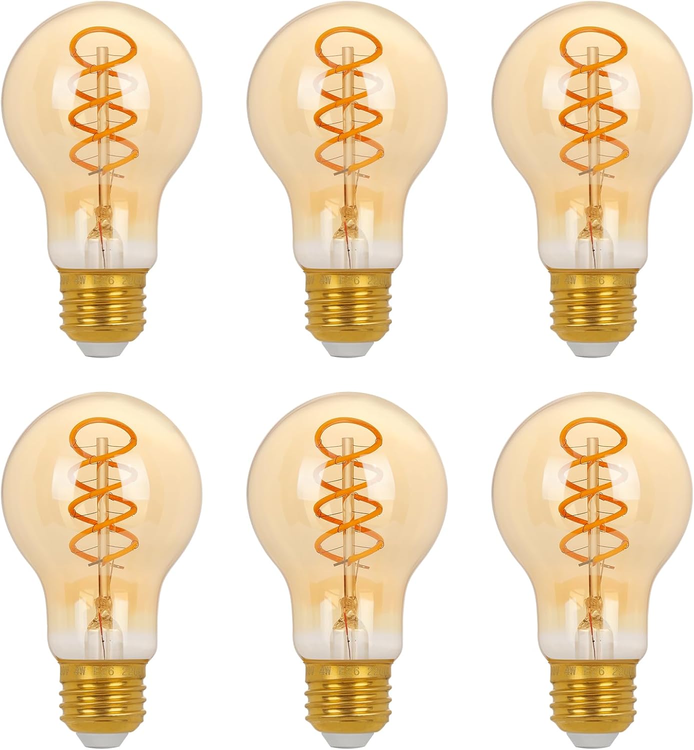 Vintage Edison LED Light Bulbs A19, E26 Base, Dimmable 4W 2200K Candlelight Warm Glow, 300 Lumens 40 Watt Equivalent, Spiral Filament, Amber Glass, 6-Pack Decorative Antique Bulbs