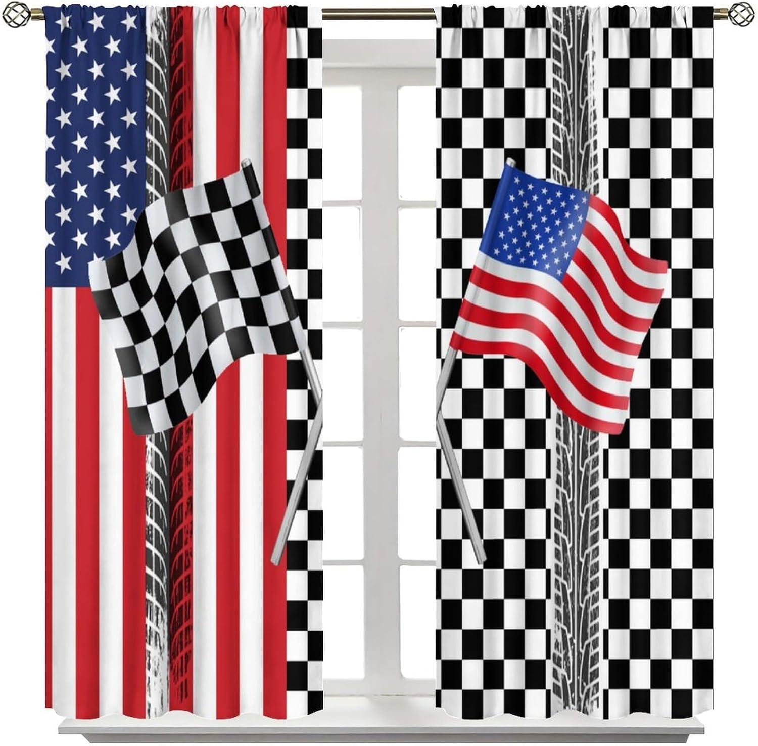 Kids American Flag Curtains,Vintage Classic Black White Checkered Sports Racing Car USA Flag Blackout Window Treatments,for Boys Girls Living Room Bedroom Kitchen Cafe Farmhouse 42" W X 45" L
