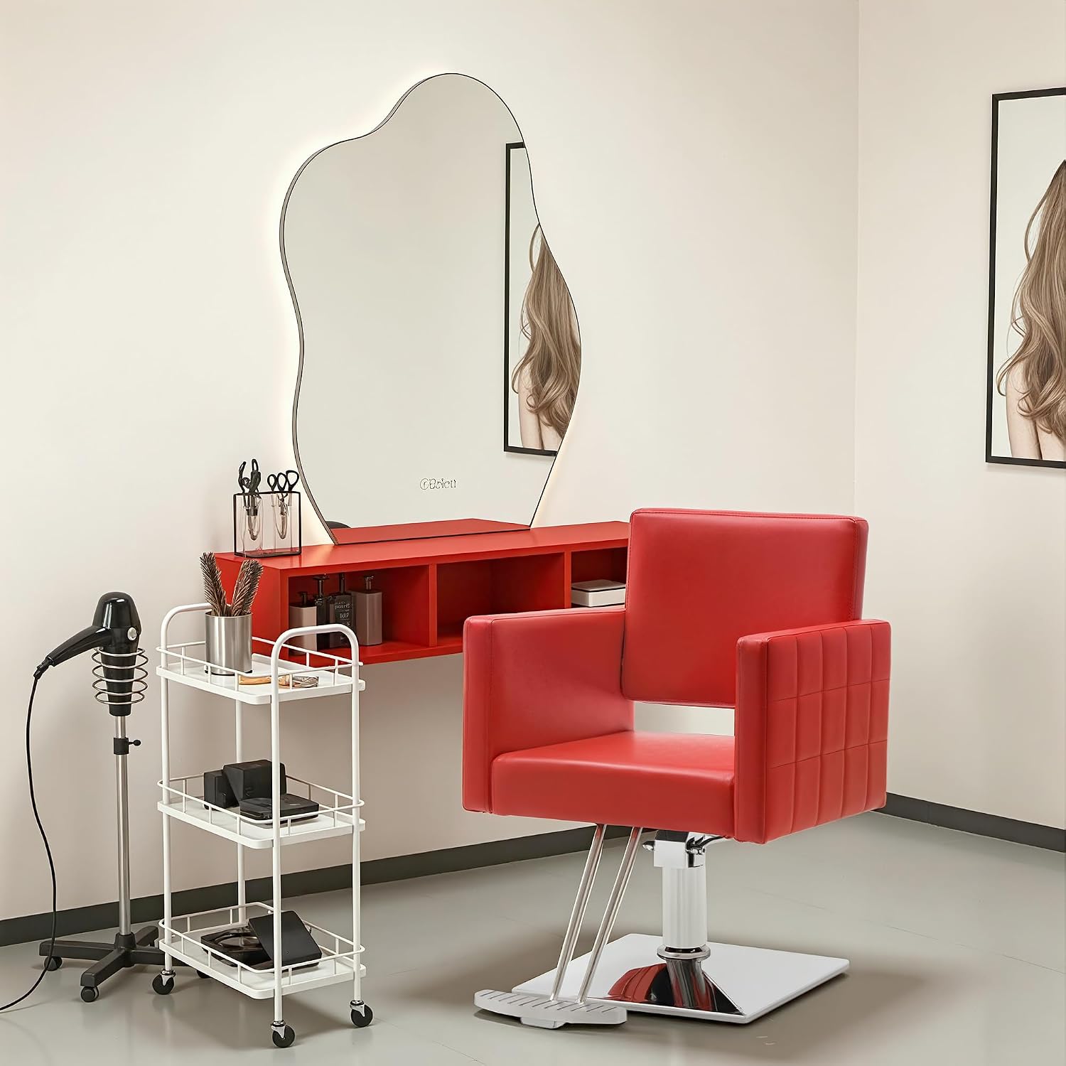 BarberPub Salon Chair for Hair Stylist, Hydraulic Stylist Chair, Adjustable Height, PVC Leather, 360 Degrees Swivel, Barbershop, Home Salon, Adult 8821 (Red)