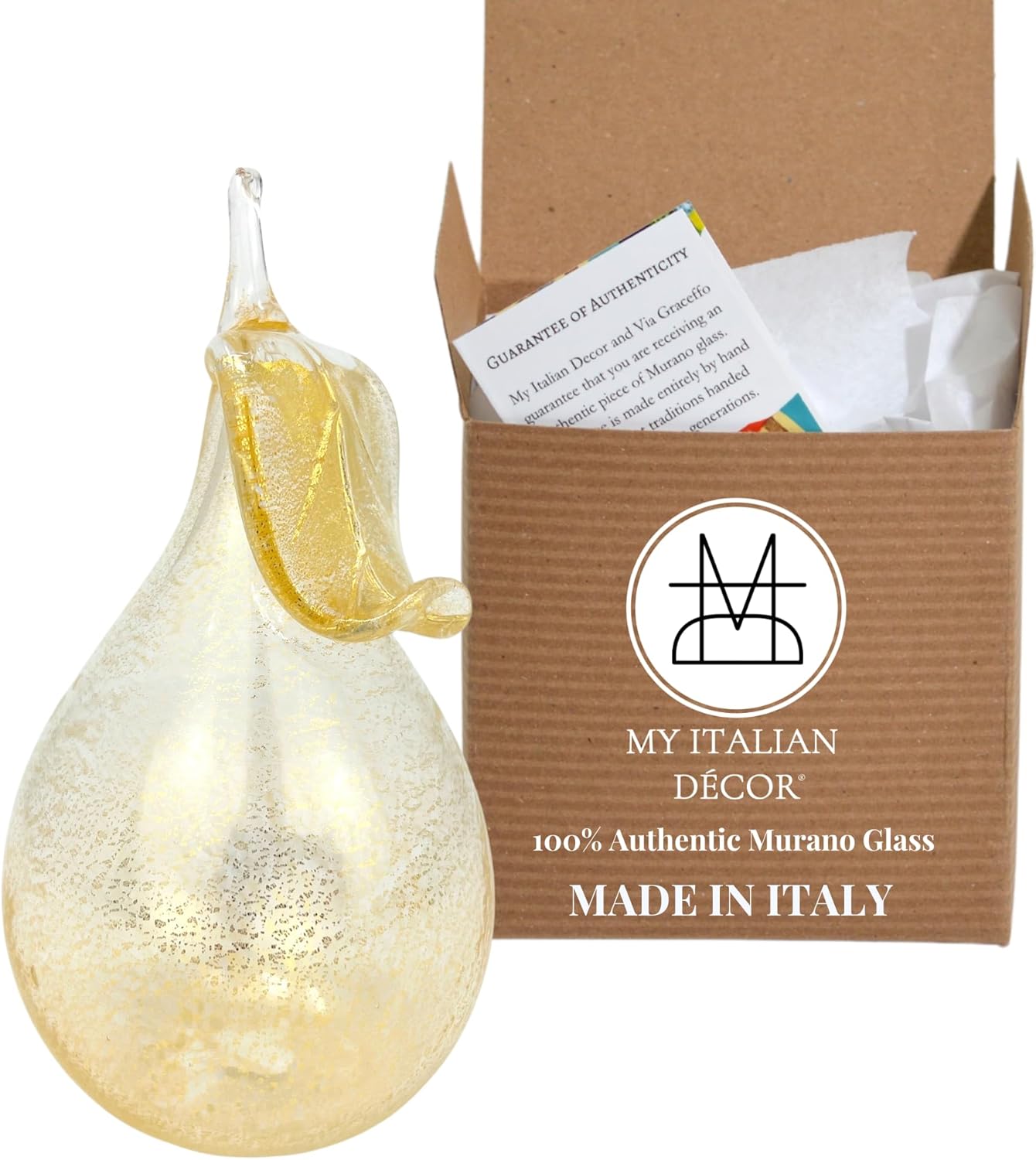 MY ITALIAN DÉCOR Life-Size Murano Glass Blown Pear | Handcrafted in Murano, Italy | Authentic Italian Artwork | Single Fruit | Stunning Decorative Centerpiece