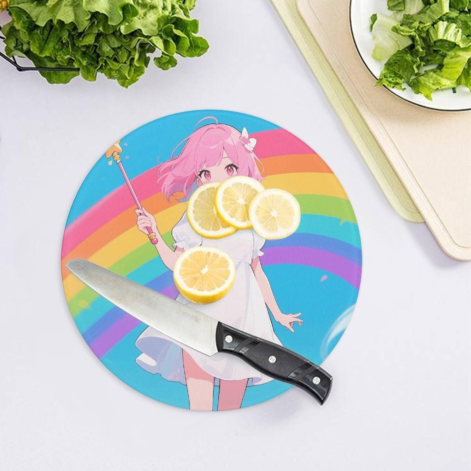 Pink Haired Maiden Tempered Glass Cutting Board Sturdy Chopping Block Personalized Large Butcher Block Lightweight Round Chopping Mat for Kitchen Non Slip