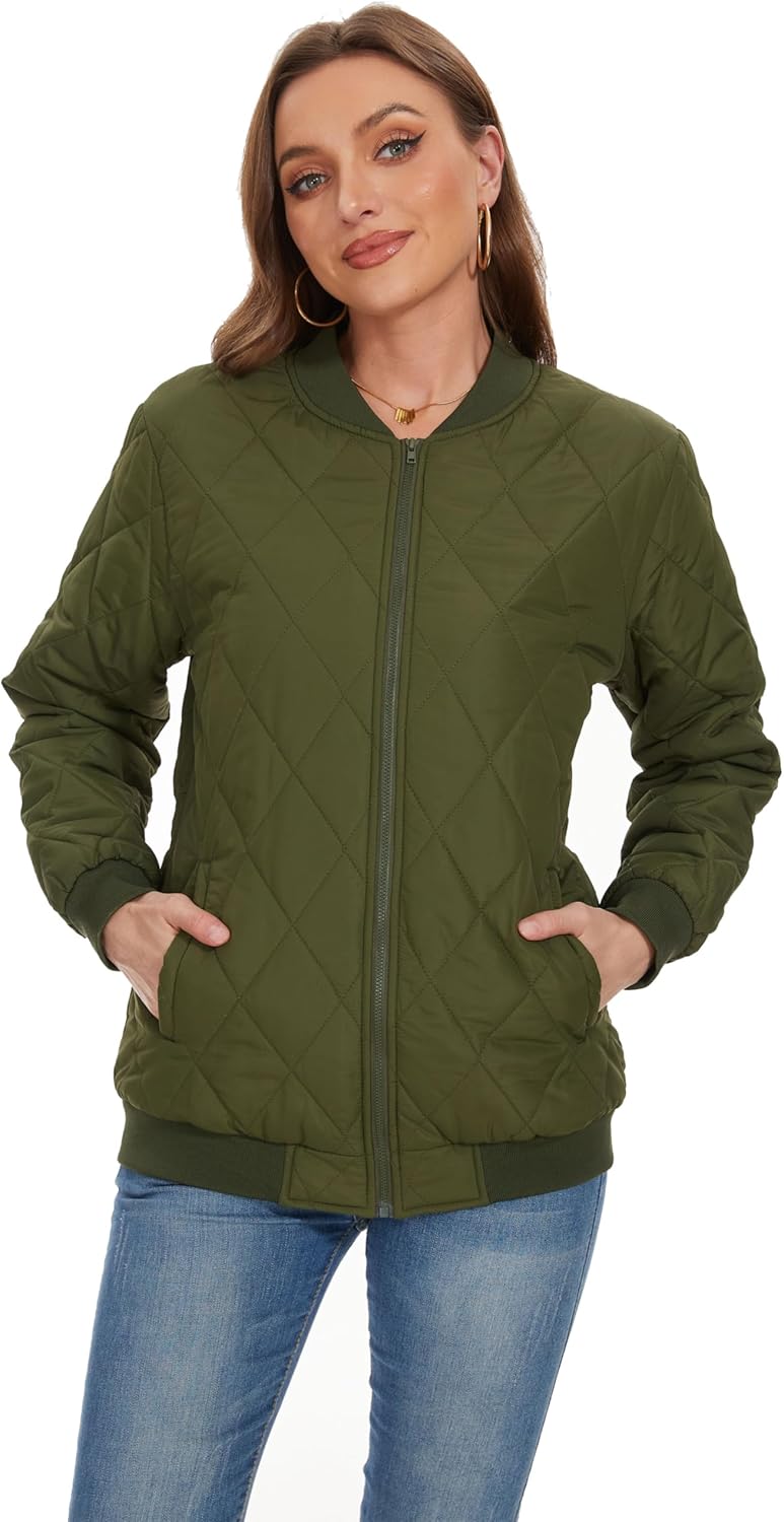 BAICAIYU Women's Quilted Bomber Jacket Winter Long Sleeve Warm Lightweight Casual Zipper Cardigan Coat Windproof Fashion