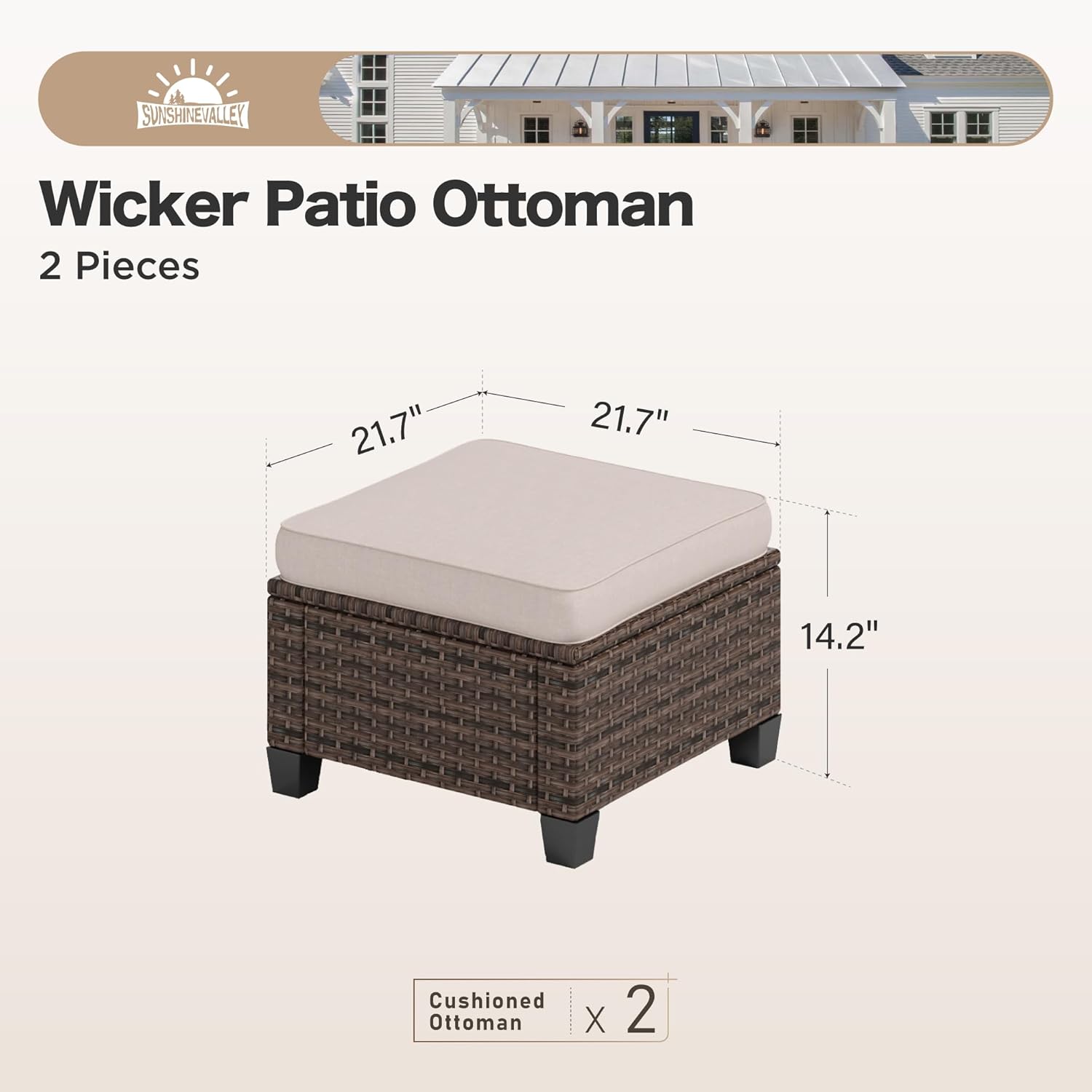 Outdoor Patio Ottomans,2 Pieces All Weather Wicker Ottomans with 4" Thick Cushions for Garden,Lawn, Backyard,Beige