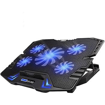 TopMate Tappetino di Raffreddamento per Laptop da Gioco C5 da 10-15,6 Pollici, 5 ventole silenziose e Schermo LCD, 5 Altezze di Regolazione, 2 Porte USB e Luce LED Blu