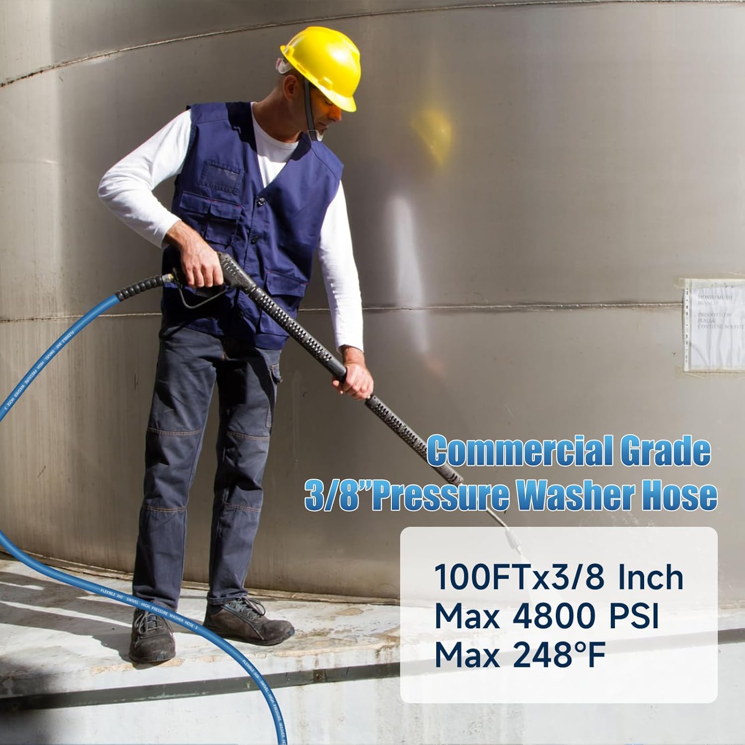 3/8" Kink Resistant Pressure Washer Hose 50FT, Swivel 3/8" Quick Connector, Hot and Cold Water Power Washer Hose Max 248°F, 4800 PSI Commercial Industrial Grade Steel Wire Braided Extension Hose