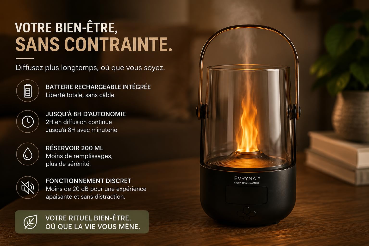 Diffuseur huiles essentielles 200 ML – Diffuseur Parfum Maison sans Fil 5000 mAh – 2 huiles incluses – Silencieux