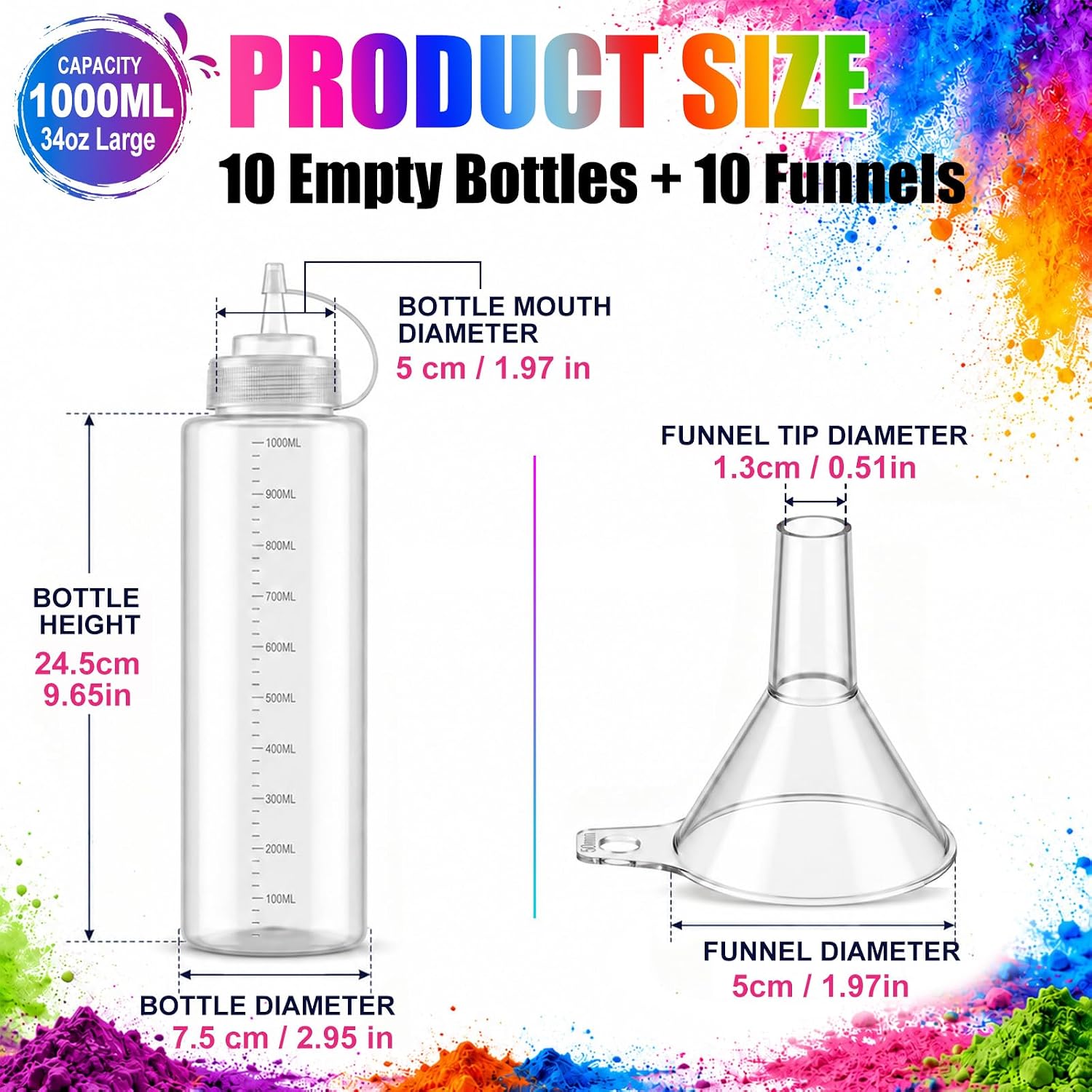 10 Pack Empty 34oz Color Powder Events Squeeze Bottles, Large Powder Bottles with Wide Mouth Funnels Refillable DIY for Summer Party, Outdoor Festival, Team Games