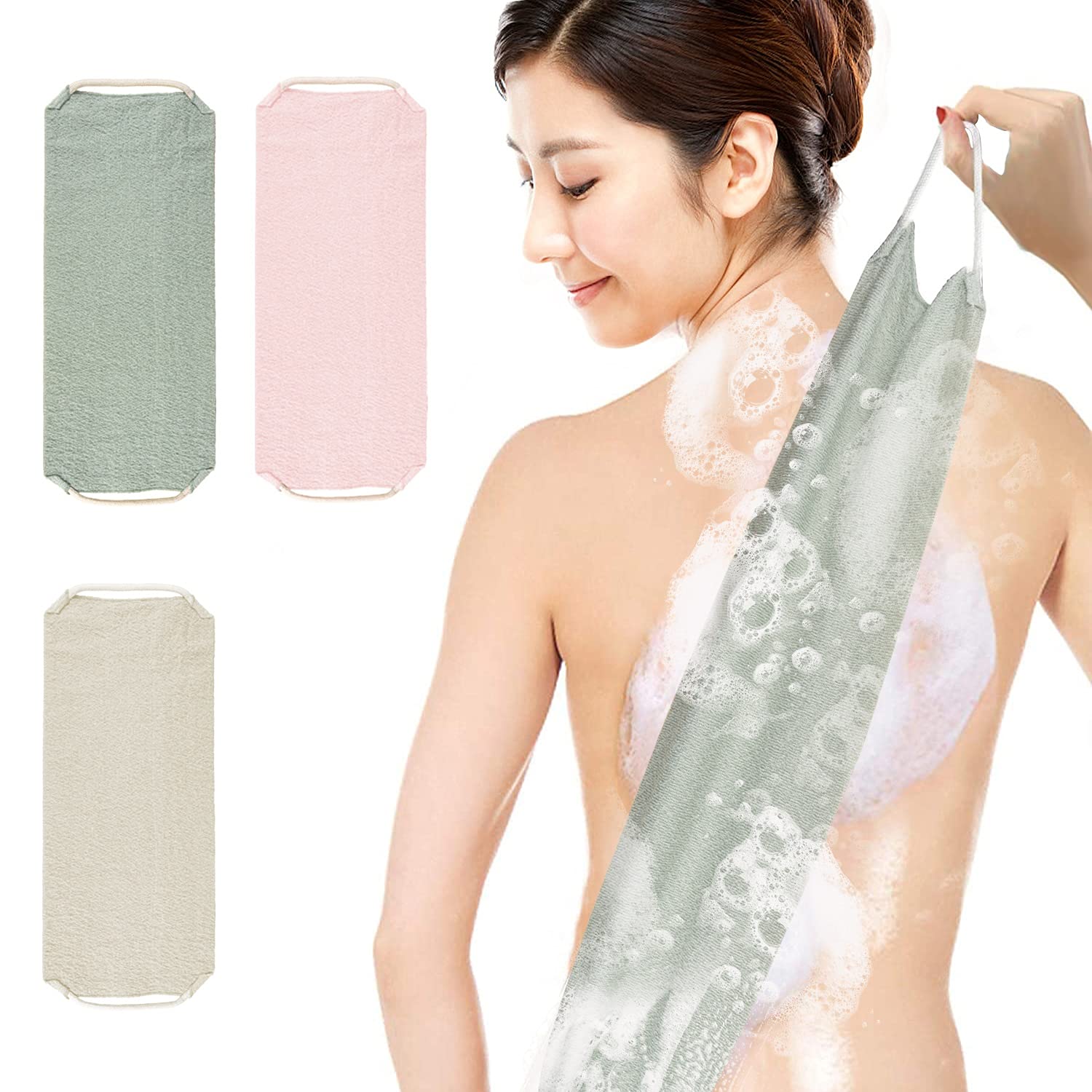 Loofah Back Scrubber,Back Scrub for Shower,Exfoliating Back Scrubbing,Exfoliating Stretch Cotton Bath Cloth,Double Side Scrubbing Strap, Back Washer for Men and Women,3 Pack-Pink,Green,Khaki
