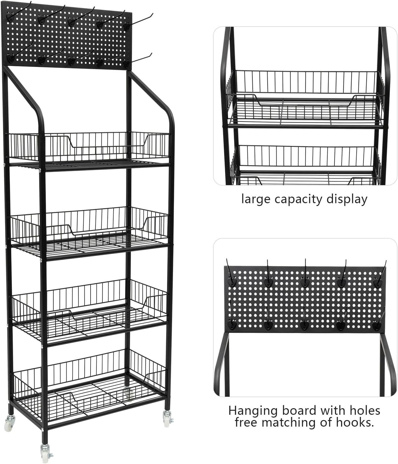 4 Tier Retail Display Rack Stand with 10 Hooks & Top Handles Snack Candy Display Organizer with Wheels 19.6 * 10.6 * 55in Metal Storage Shelf Basket Stand Cart (Black)