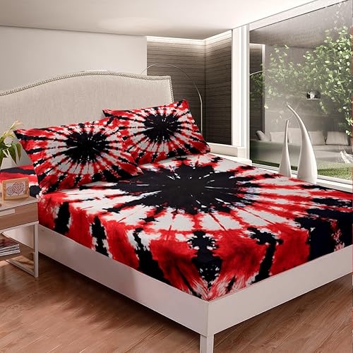 Miniatura 2 de Feelyou Juego de sábanas de teñido anudado tamaño Queen para niños y niñas, juego de sábanas bohemias trippy negro rojo hippie teñido anudado juego