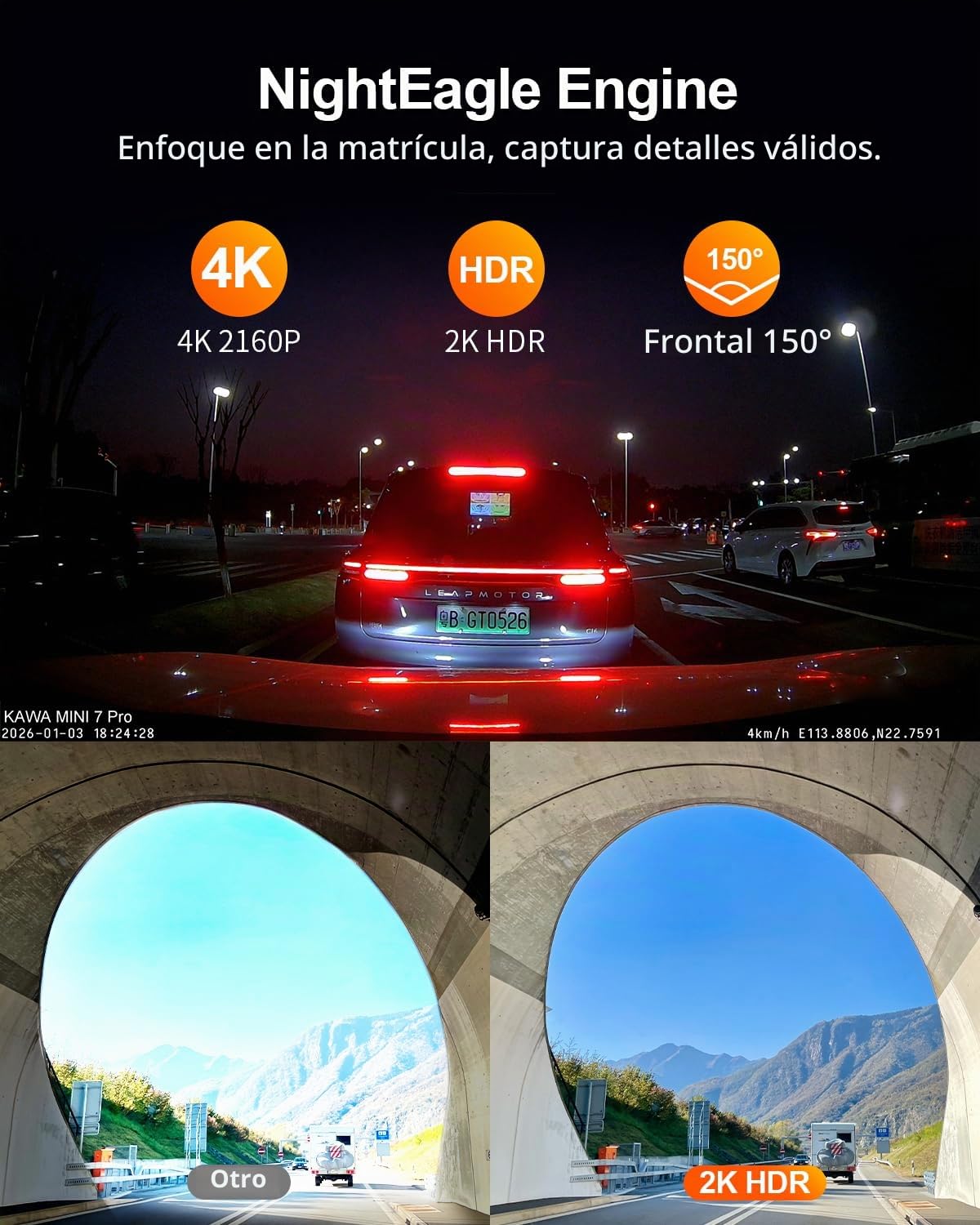 Cámara para Coche Frontal KAWA 4K Mini, Control por Voz, Pantalla Oculta, Motor NightEagle con HDR 2K, Wi‑Fi 6 y GPS Integrados, Modo de estacionamiento con búfer 24/7, admite hasta 256 GB