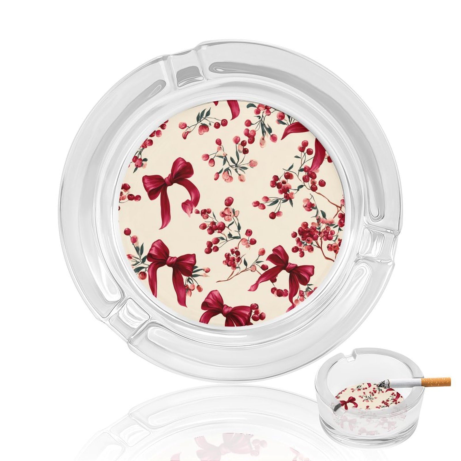 Red Bows And Berries Glass Ashtray for Cigarettes Portable Decorative Ash Trays for Home Office Decor