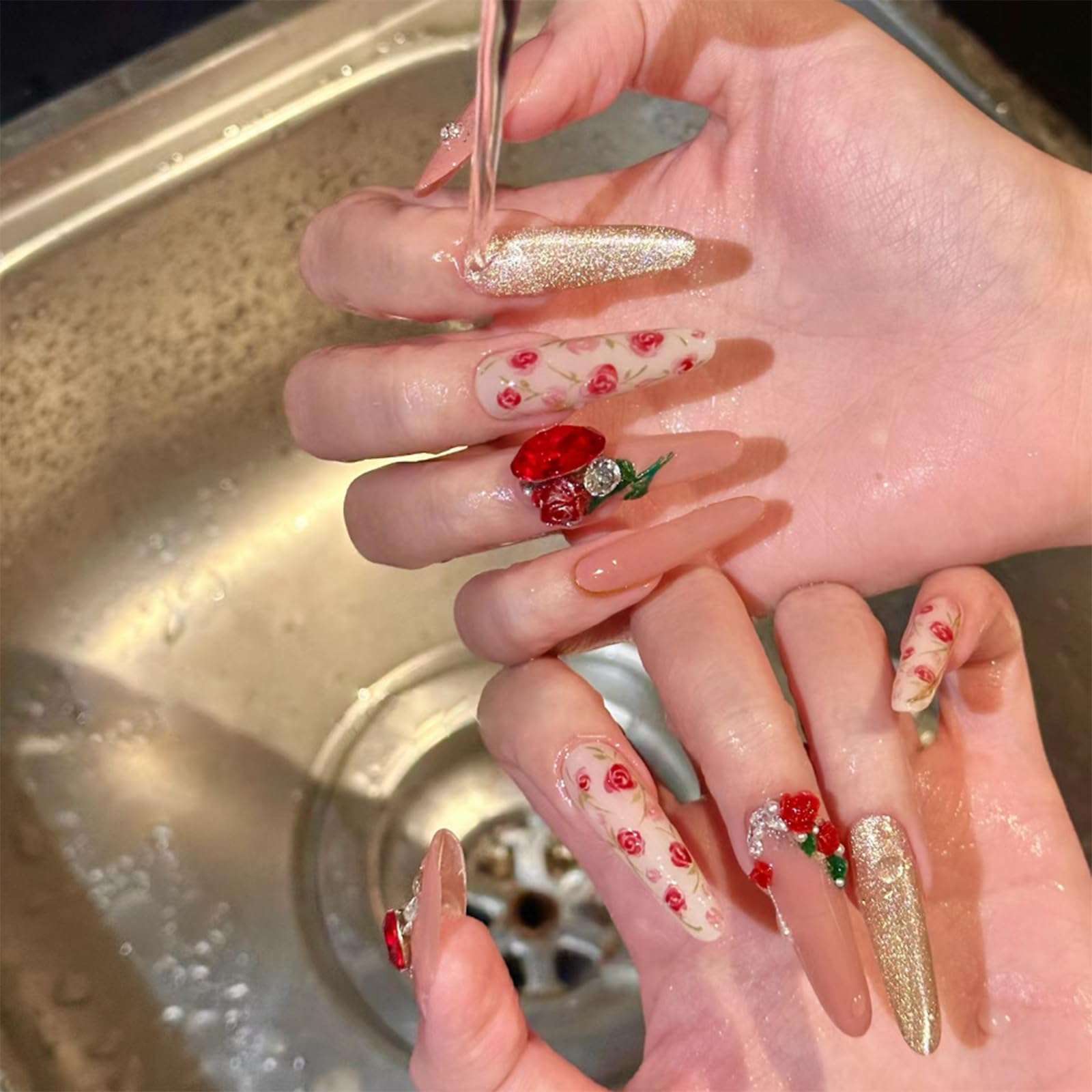 IMRAIN Press on Nails Long Stiletto Fake Nails Full Cover Rhinestone Nude Cat's Eye Acrylic False Nails with Red Rose Designs Glossy Stick on Nails