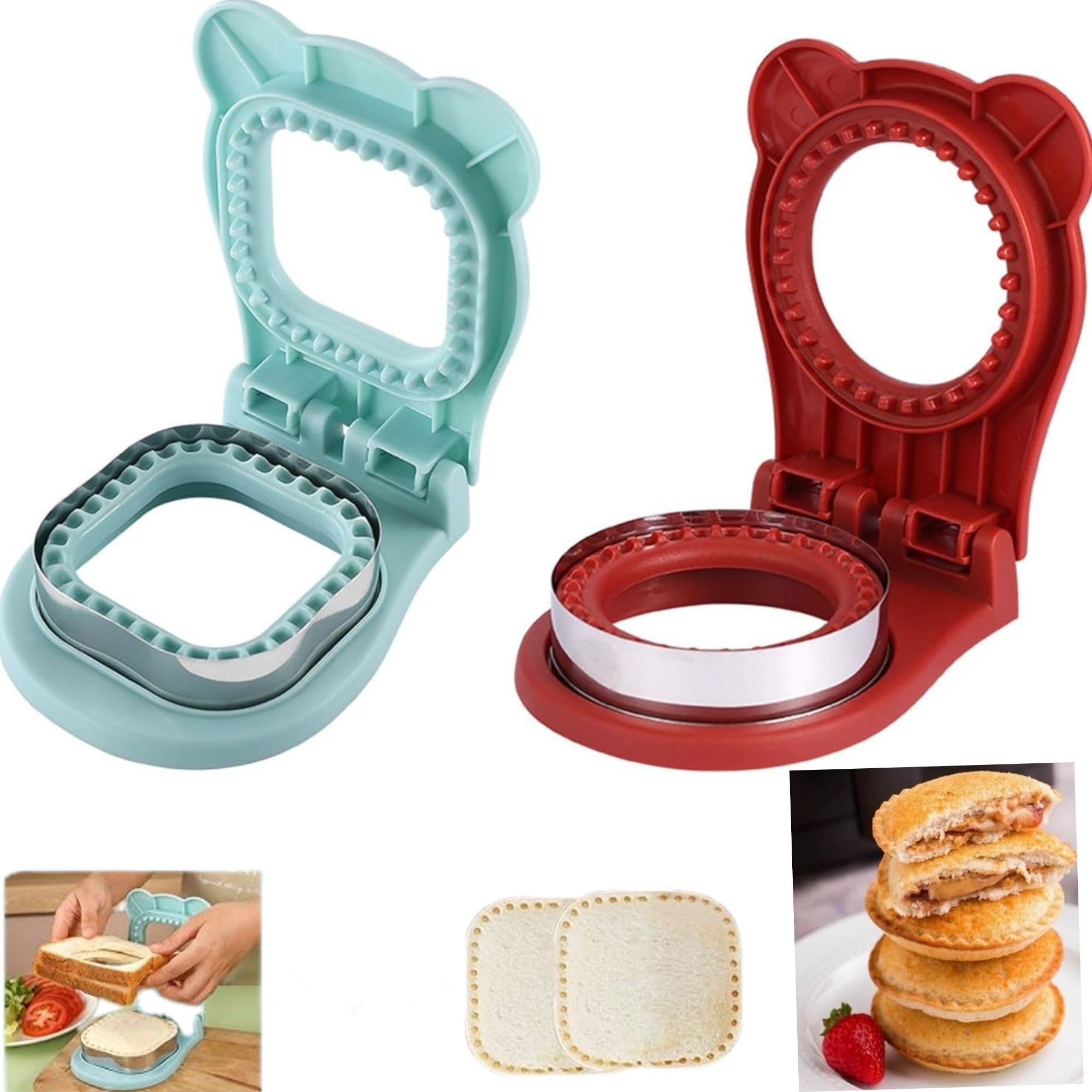 2pcs Sandwich Cutter and Sealer for Kids,DIY Decruster Pocket Sandwiches,Sandwich Cutter-Sandwich Maker for Lunchbox and Bento Box (Square Blue+Round Red)