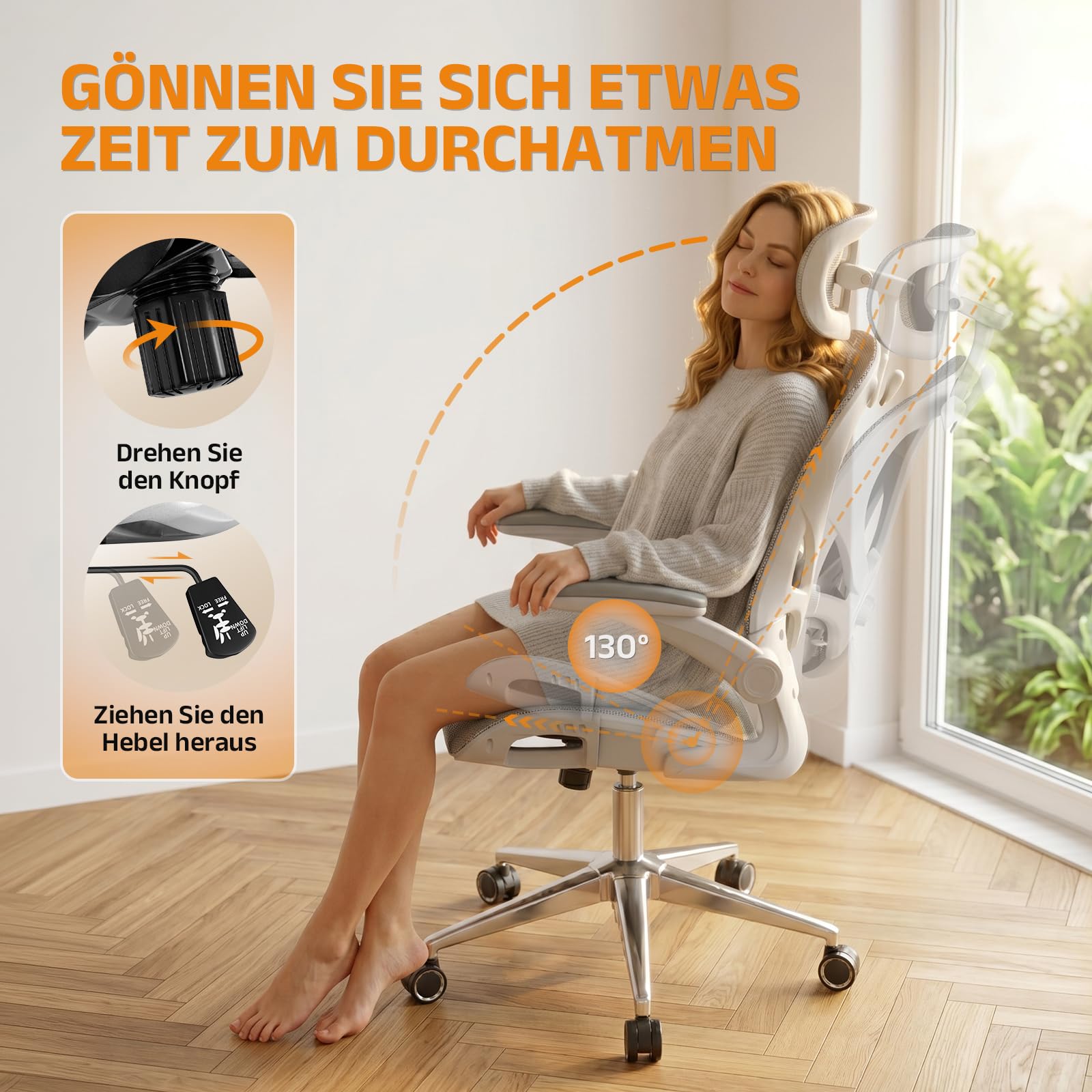 naspaluro Bürostuhl Ergonomisch Rollen Für Homeoffice, 150kg, Grau | Schreibtischstuhl hat 3D Kopfstütze, Verstellbarer Lordosenstütze und Armlehne, Drehstuhl Höhenverstellung Wippfunktion