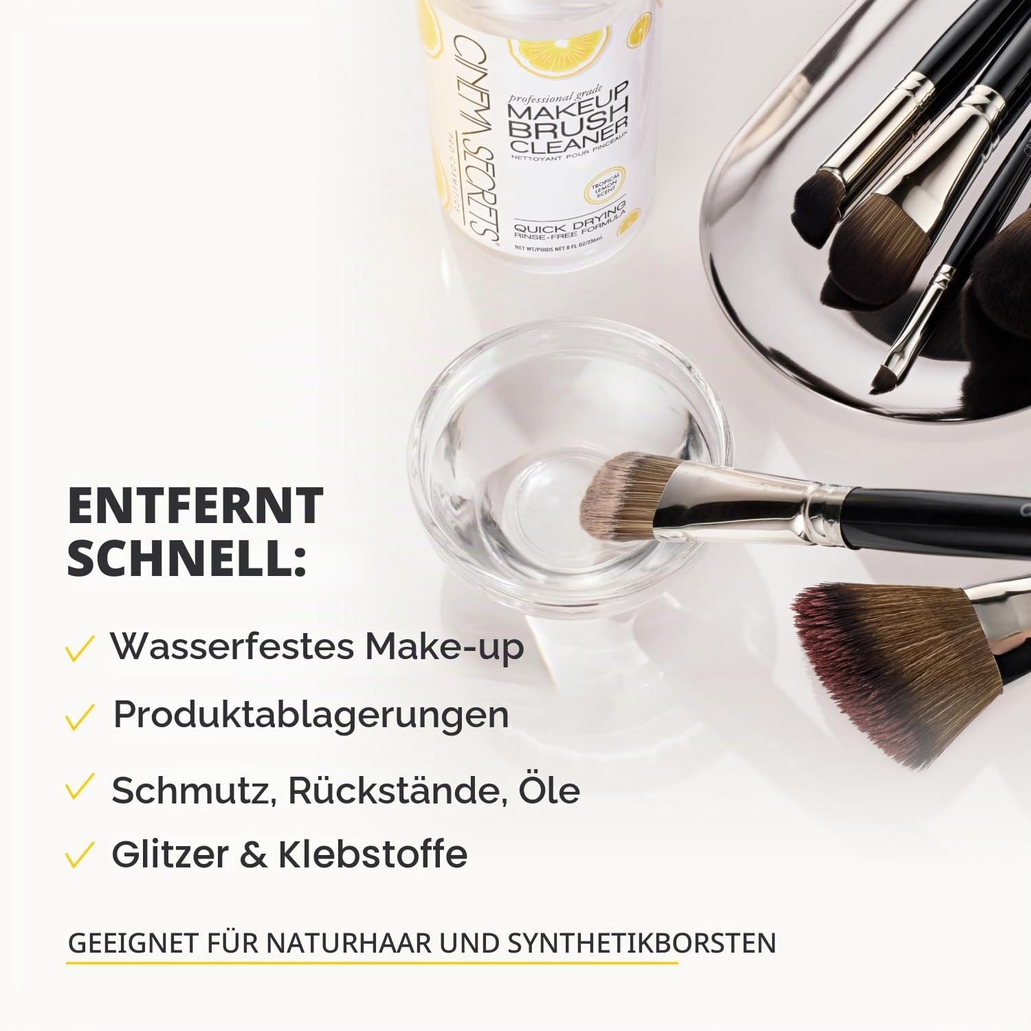 Cinema Secrets Original Make-up-Pinsel-Reinigungslösung, professioneller Reiniger für Make-up-Pinsel, schnell trocknend, spülfreie Formel, entfernt hartnäckiges, wasserfestes Make-up, Zitrone (946.4