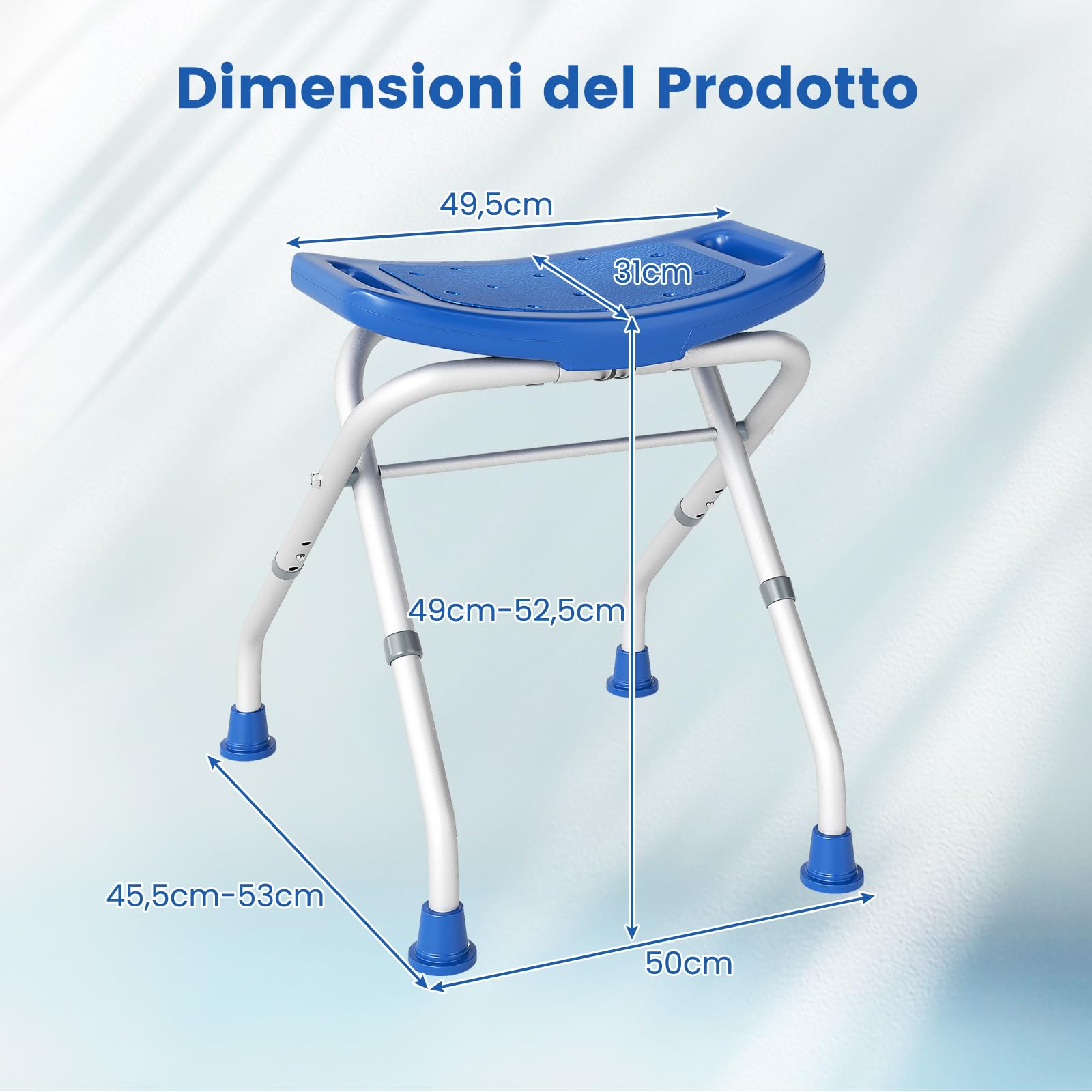 RELAX4LIFE Sgabello da Doccia Pieghevole, Sedia per Doccia in Alluminio, Altezza Regolabile 49-52,5 cm, Piedini Antiscivolo in Gomma, Sedile da Bagno per Anziani e Disabili o Riabilitazione (Blu)