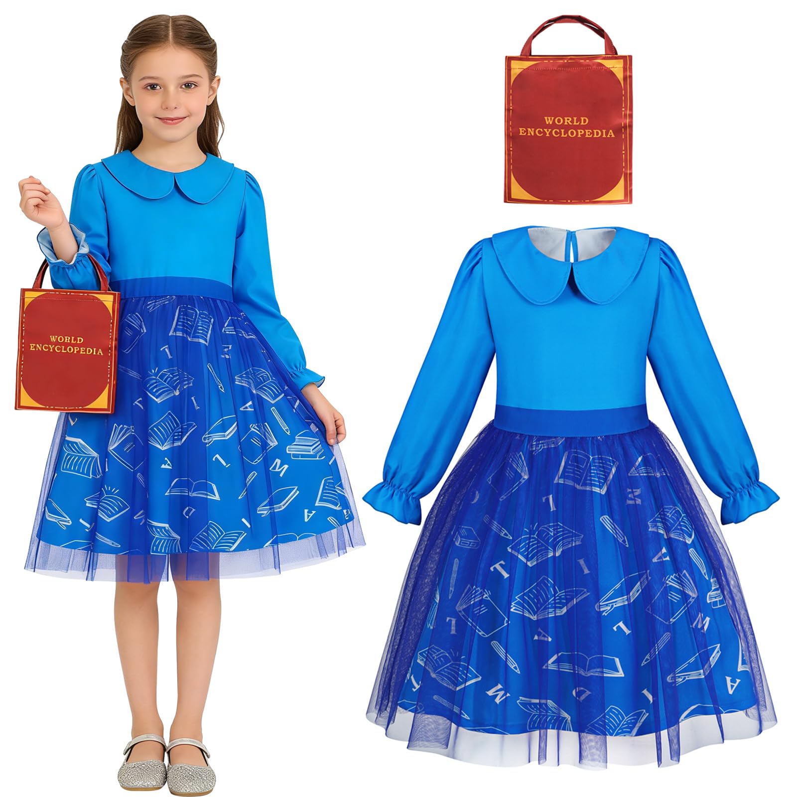 KumSoomliy Girls Matilda Costume with Bag World Book Day Costumes for Girls Kids Blue Long Sleeve Tulle Knee-Length Dress Ages 3-4 Years