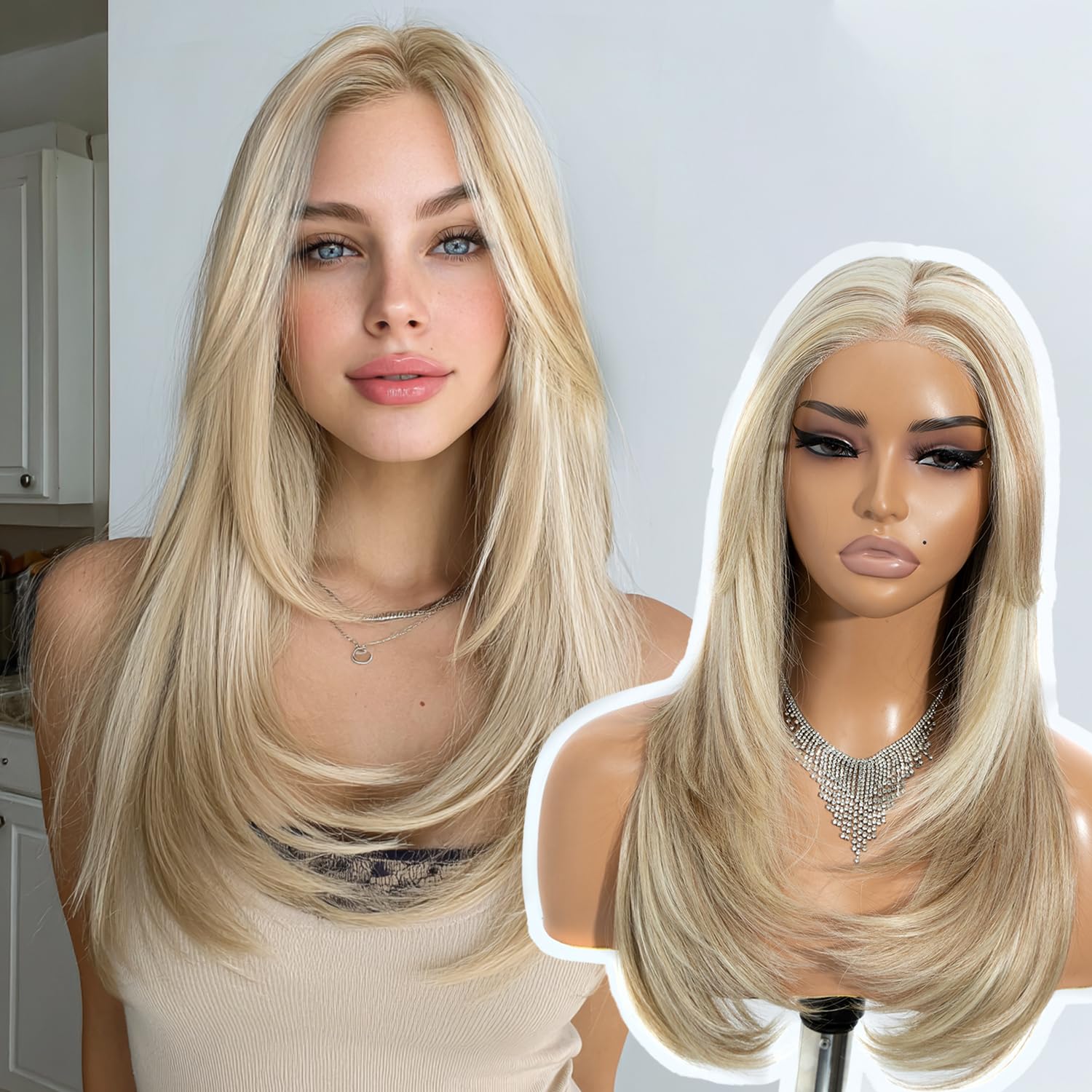 Joedir 20" Straight Layered 13x3 Glueless HD Lacefrontal Wigs Pre Plucked Natural Hairline High Temperature Synthetic Wigs For Women(Mixed Golden Blonde Color)