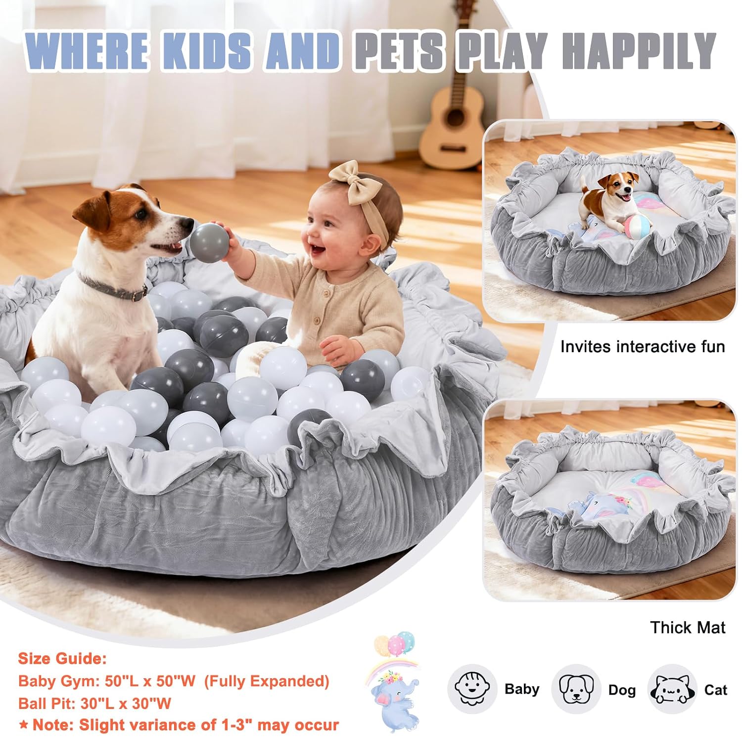 5-in-1 Baby Gym Play Mat with Cartoon Pattern, Extra Thick Plush Tummy Time Activity Gym with Hanging Toys, Sensory Development & Motor Skills Training Floor Mat, Elephant