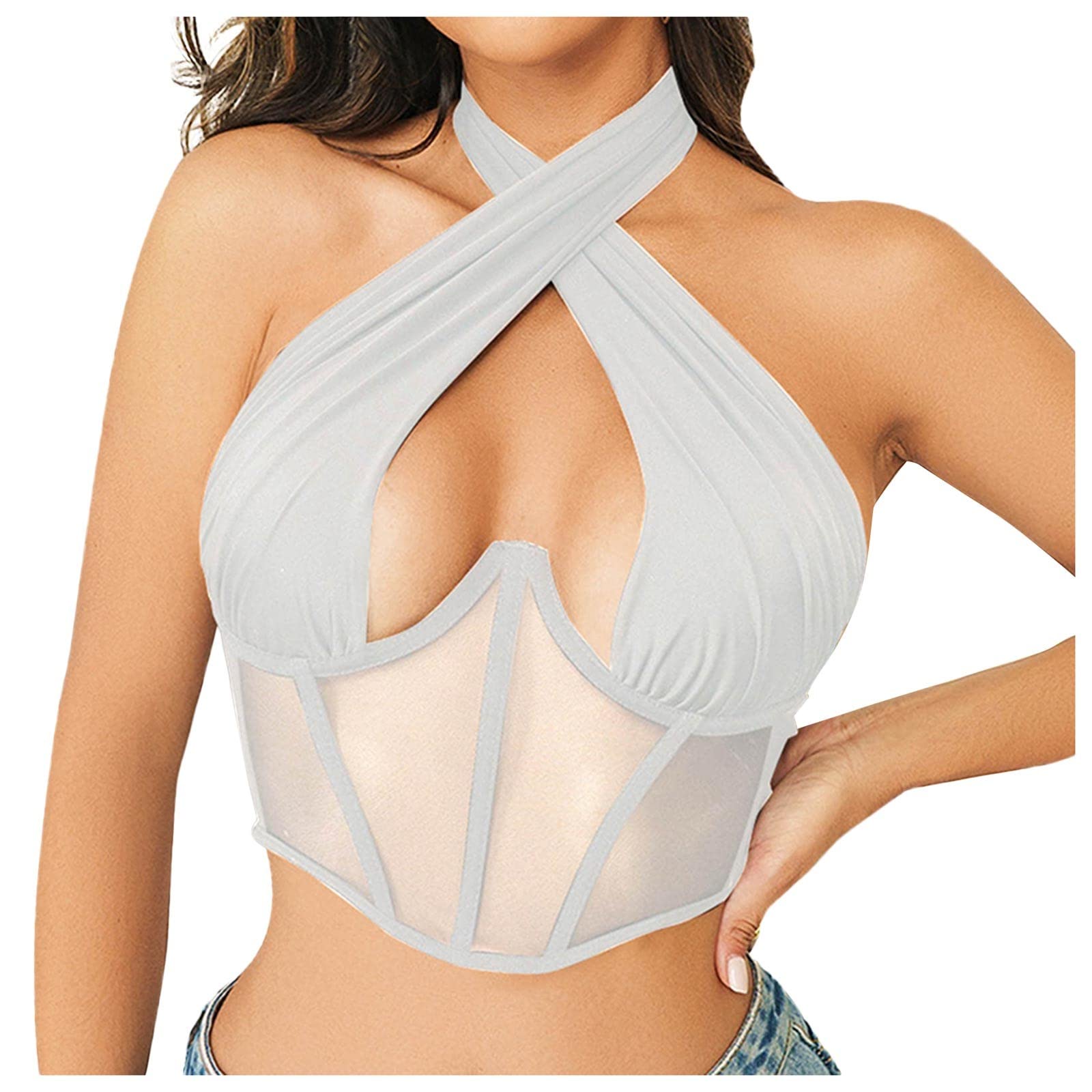 Women's Corset Tops Sexy Hollow Slim Fun Rope Hanging Neck Wrap Chest Wipe Vest Sling Corset Tops, S-L