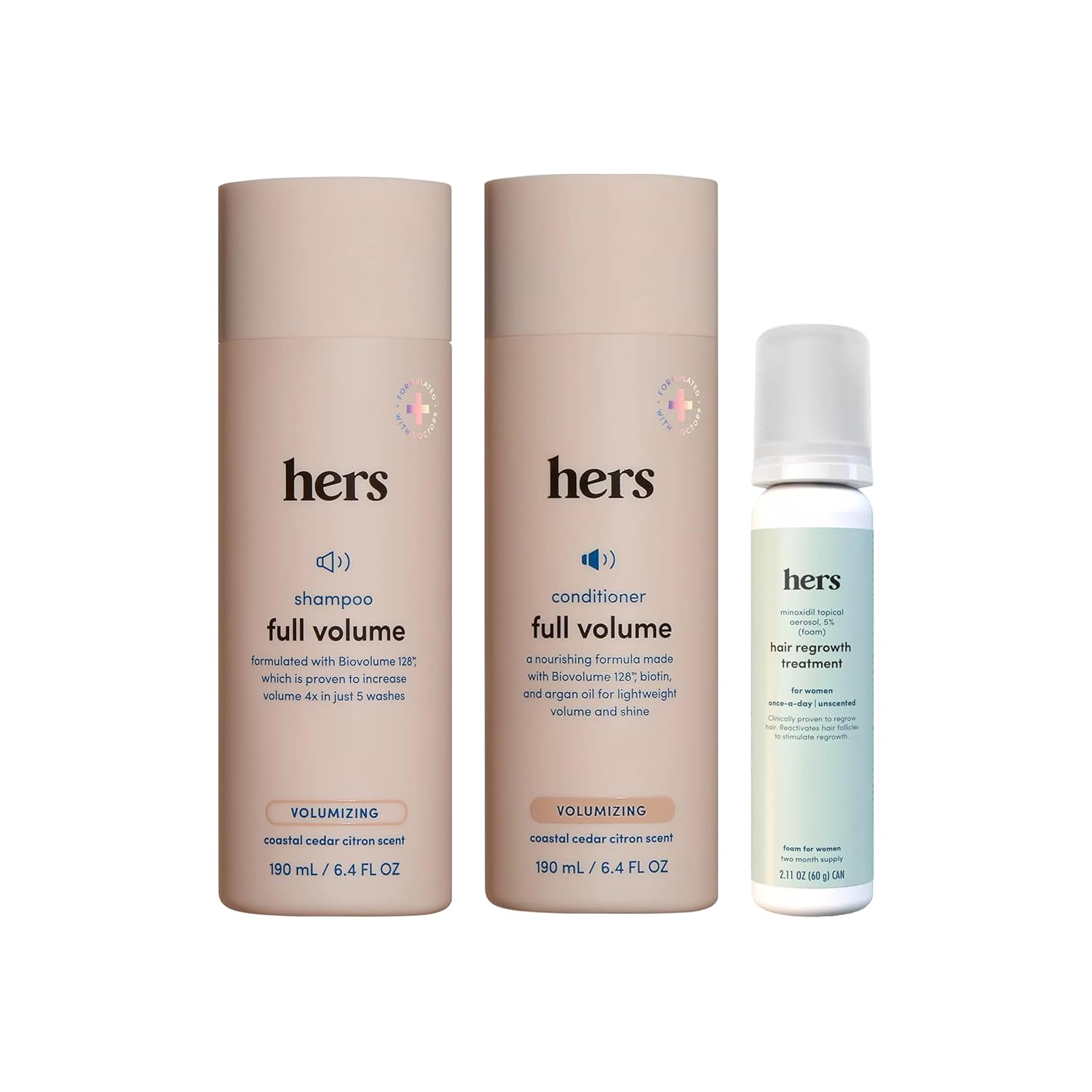 hers Full Volume Shampoo & Conditioner Set - Volumizing Set for Women - Adds Volume & Shine - Coastal Cedar Citron - 2 x 6.4 oz & hers Minoxidil 5% Topical Foam Solution, Hair Regrowth Treatment, 2 oz