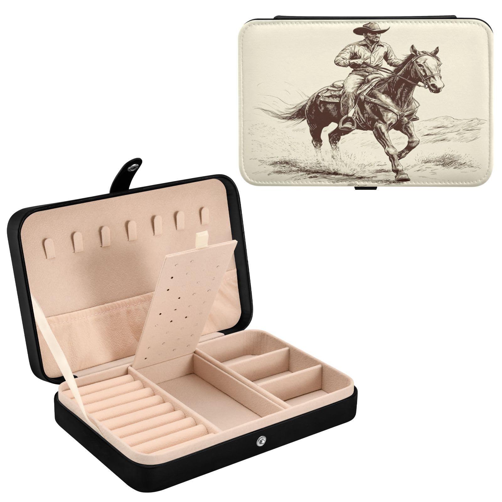 Haskirky Western Cowboy Jewelry Box Portable PU Leather Travel Jewelry Organize for Women Jewelry Storage Display Holder for Ring, Necklace, Earring