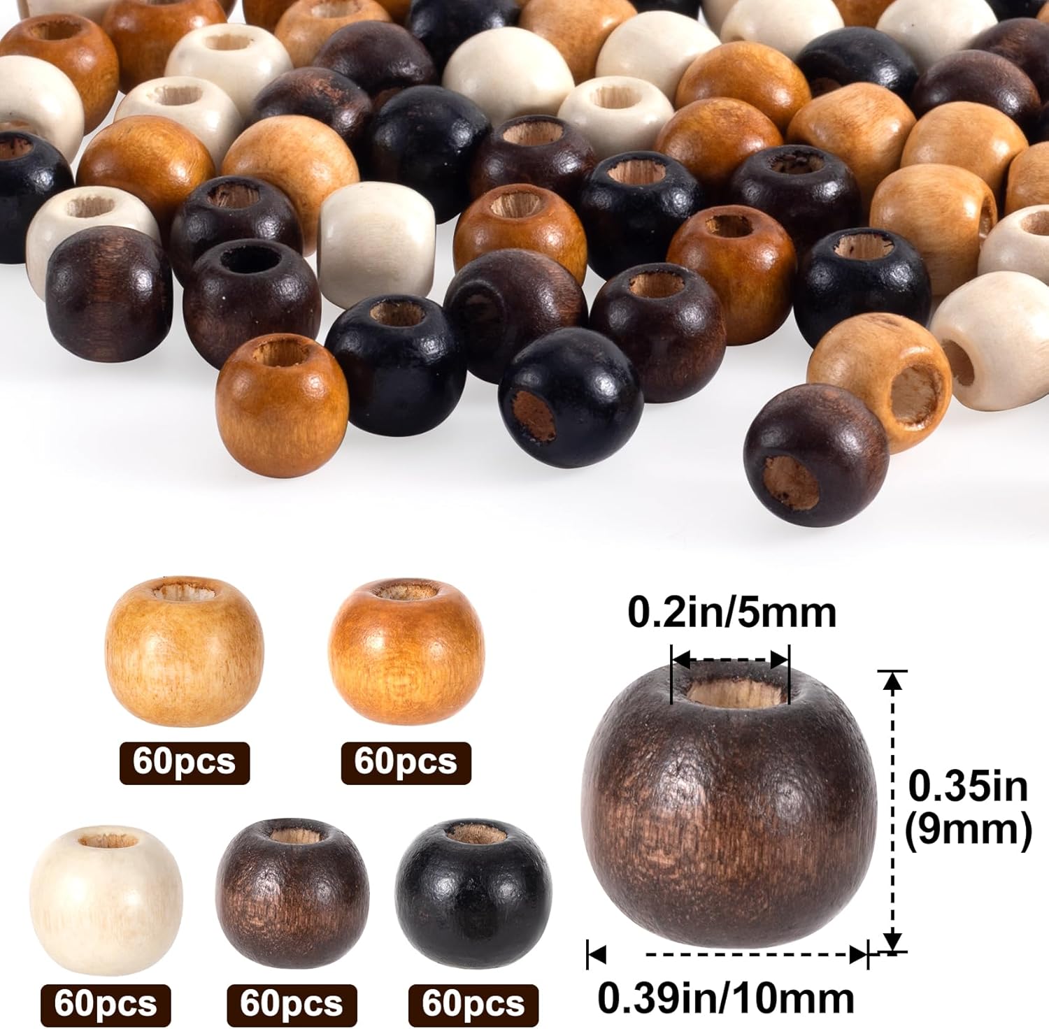 300pcs Large Hole Wooden Craft Beads, 5 Colors Natural Wood Beads for Hair, 9 x 10 mm Vintage Loose Spacer Round Jewelry DIY Beads for Macrame, Bracelets, Handmade Decor - Image 2